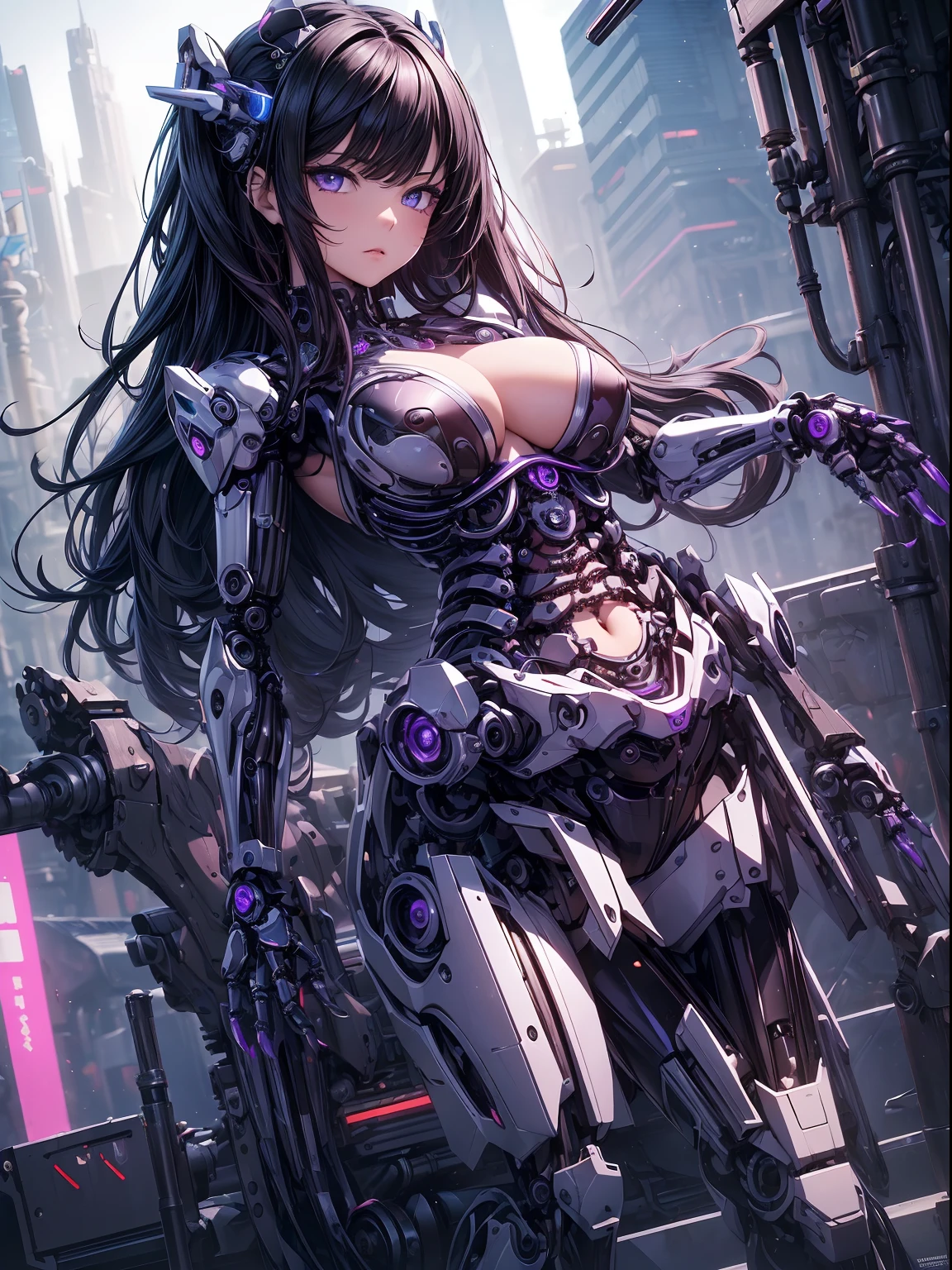 absurderes,(​masterpiece、top-quality、8K ),intricate detailes,ultra-detailliert、1 Beautiful, And a woman of perfect proportions,(Machine Girl 1.3),Black Long Hair,Purple eyes,cleavage,Navel,Stomach,(Mechanical body,mechanical arms :1.4),Mechanical headgear ,(Cyberpunk ),Hyper realistic,Perfect Anatomy