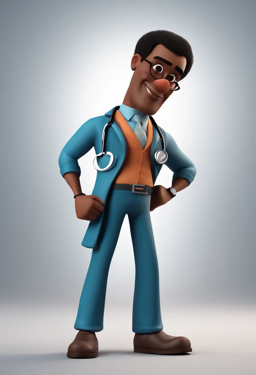Male pixar style cartoon character of a black cardiologist doctor, With black eyes and big eyelashes, Drawn mouth with thick lips and medium nose, with shaved head, Inside a Clinical Animation Character, Caractere estilizado, animation style rendering, 3D estilizado, Arnold Maya render, 3 d render stylized, toon render keyshot, Personagem 3D, Personagem 3D, 3d rendering stylized, 3 d character render, personagem de desenho animado, Personagem de close up, Pose de personagem, (Estilo Pixar) (master part:1.2) (Bokeh) (melhor qualidade) (pele detalhada) (textura detalhada) (8k) (argila) (Cinematic lighting) (foco nítido