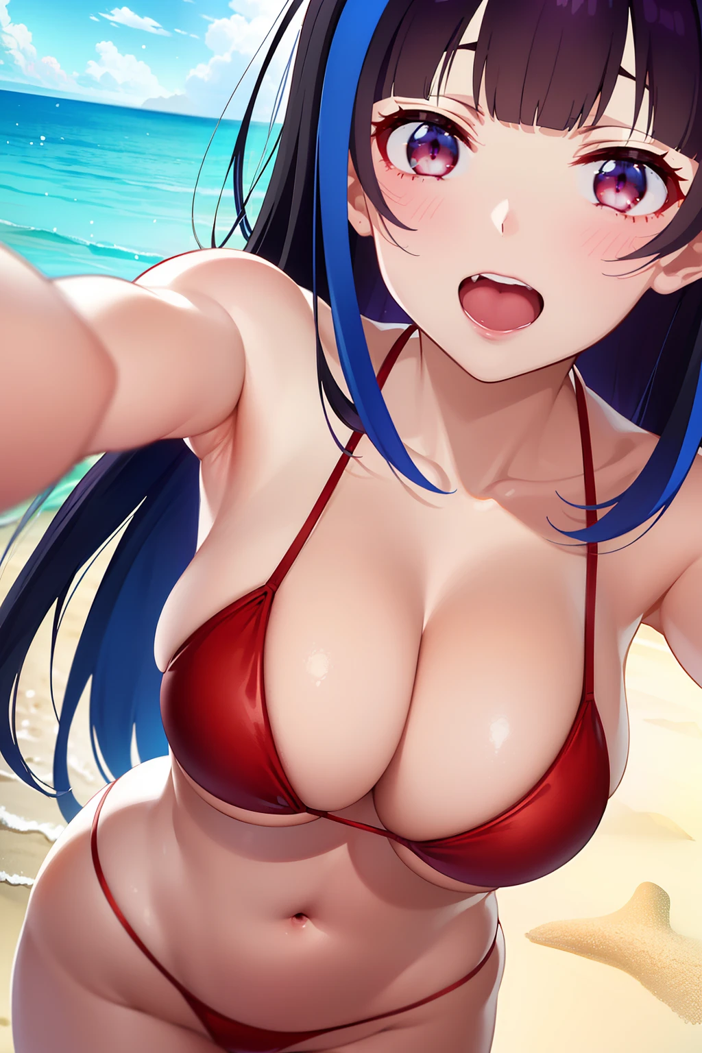 Minya Johnson, Mini Yaemori, Long hair, Bangs, Black hair, Blue hair, (Purple eyes:1.1), multicolored hair, Blunt bangs, striated hair, Ahoge,looking at the viewers,BREAK (masutepiece:1.2), Best Quality, High resolution, Unity 8k壁纸, (Illustration:0.8), (Beautiful detailed eyes:1.6), extra detailed face, Perfect Lighting, extremely details CG, (Perfect hands, Perfect Anatomy),Naughty big、 (red bikini:1.3)、(the beach:1.3)、cowboy  shot、Smile with open mouth、double tooth、、