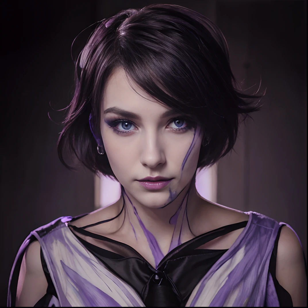 Violet eyes, with a painting of a skull on half of the face