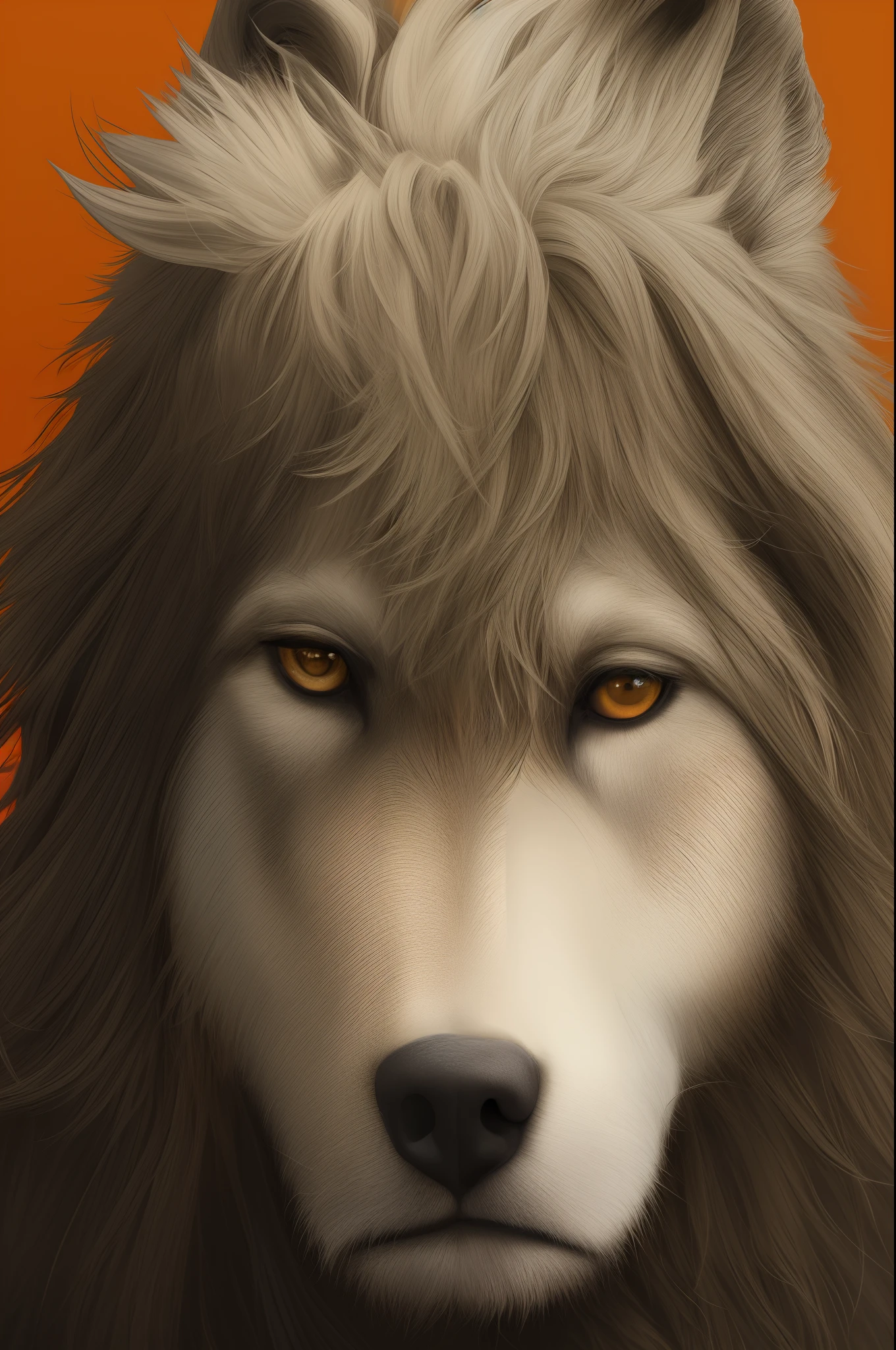 Loup , orange-yellow hairy, wicked , grand , grande dent , realistic image