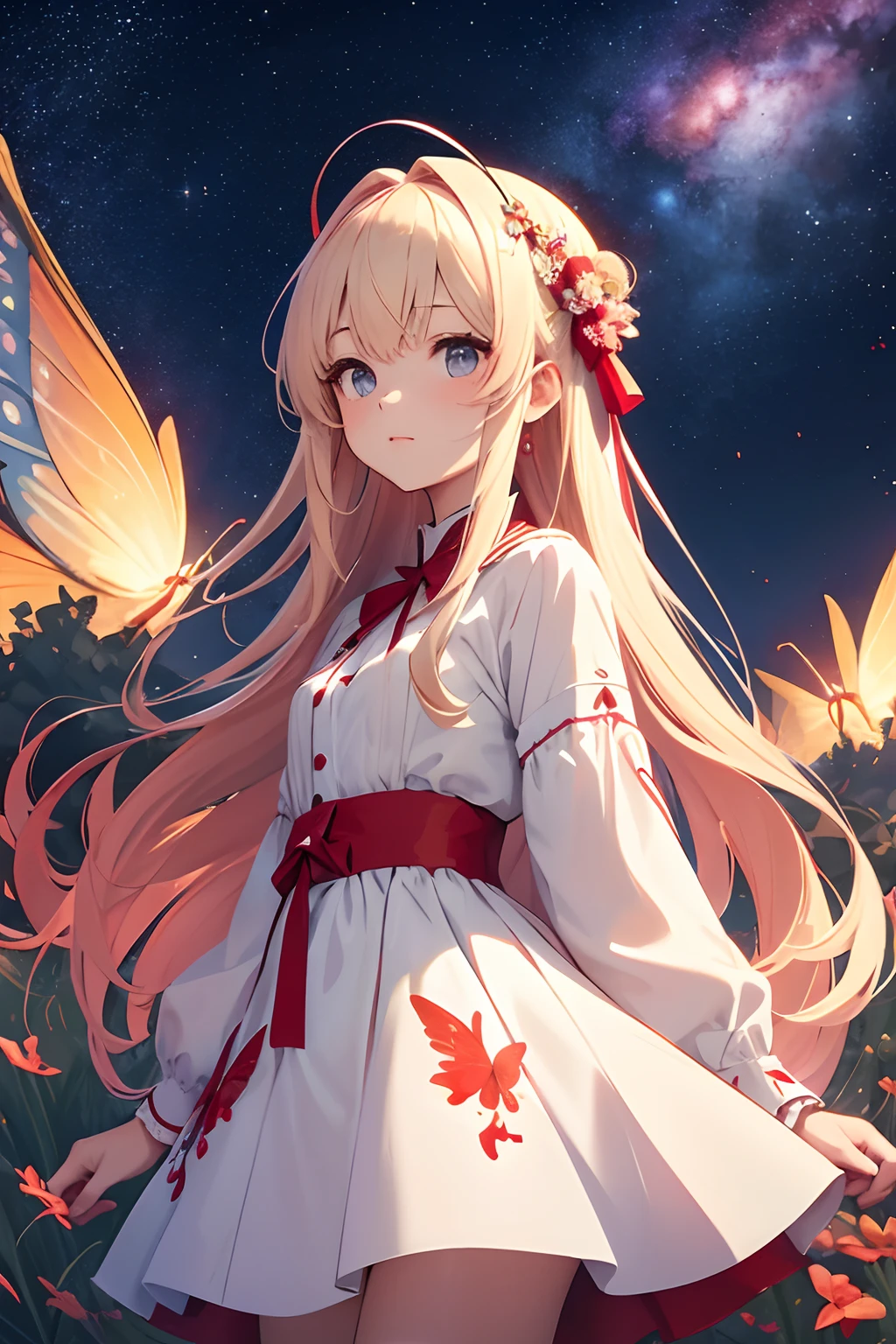 masterpiece、a beauty girl、Red butterflies in a white mini dress々Embroidery、Blonde Long、Red butterflies with hair tied up in a bun々Pin in、Background with((Fantastic starry sky、kosmos、black hole))、Windy