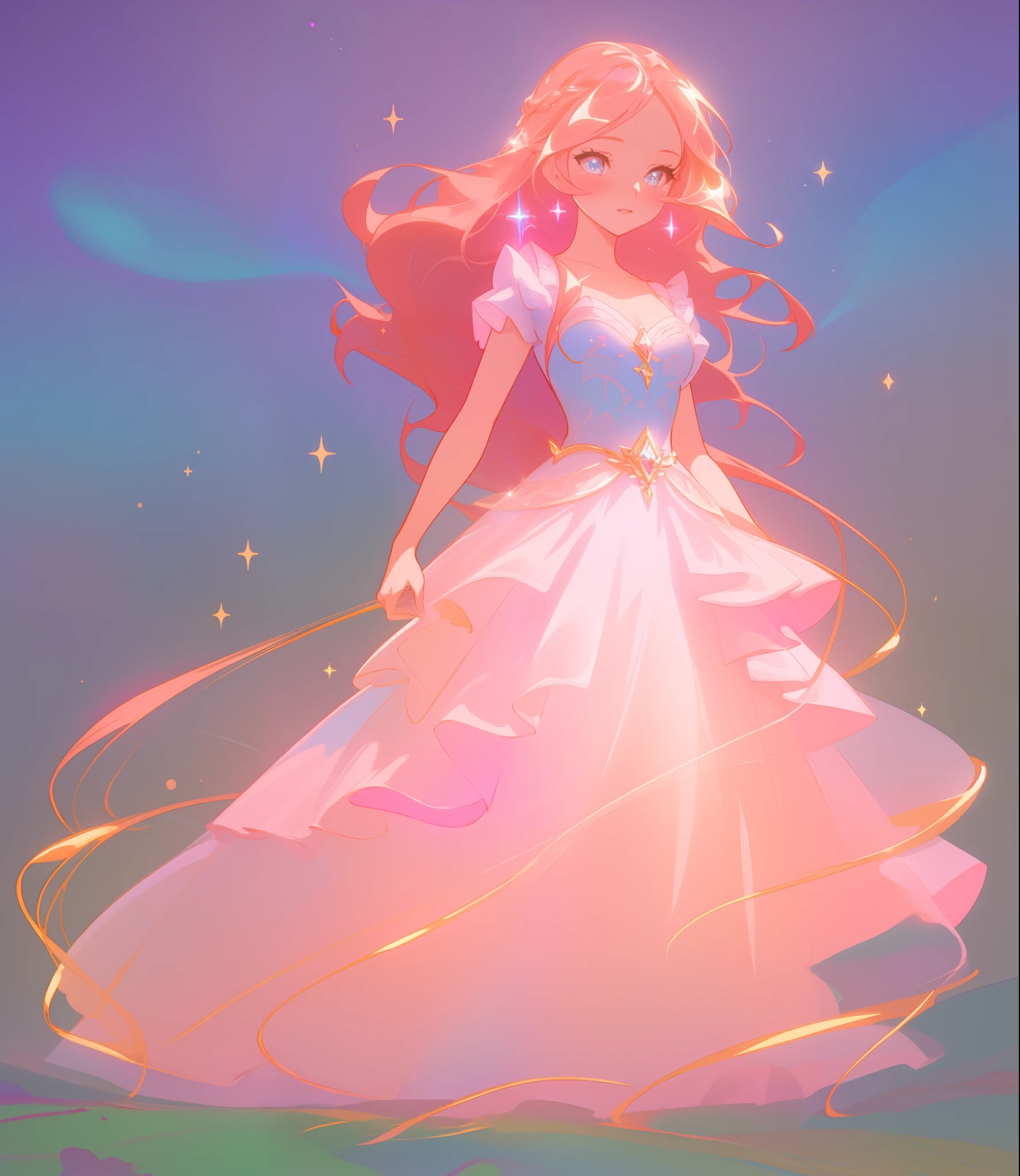 beautiful girl, ((puffy shimmering multi-layered ballgown)), vibrant pastel colors, (colorful), long flowing hair, magical lights, sparkling magical liquid, inspired by Glen Keane, inspired by Lois van Baarle, disney art style, by Lois van Baarle, glowing aura around her, by Glen Keane, jen bartel, glowing lights! digital painting, flowing glowing hair, glowing flowing hair, beautiful digital illustration, fantasia background, whimsical, magical, fantasy, ((masterpiece, best quality)), intricate details, highly detailed, sharp focus, 8k resolution, sparkling detailed eyes, liquid watercolor