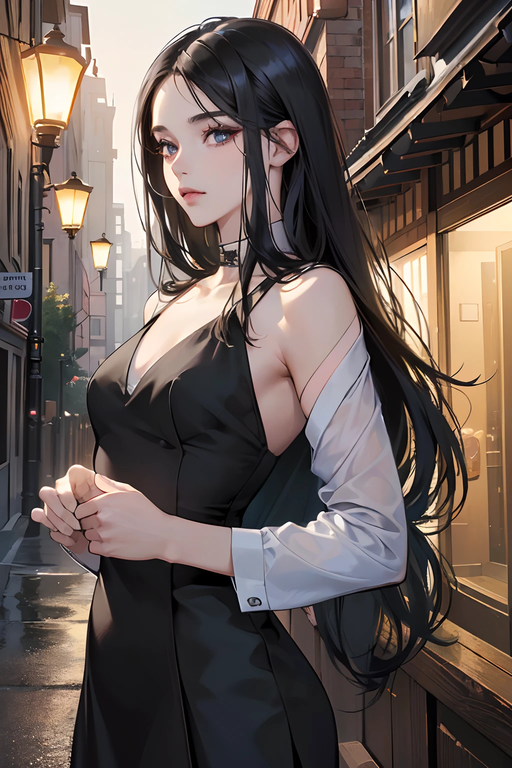 (masutepiece, Digital Art, Digital Illustration, 4K, 8K, Ultra-detailed, beautiful image, Sharp Image, Photorealistic, Raw photo, Perfect face, Perfect lines, Perfect eyes, Soft lighting) 1 woman, (Long Black Hair,straight haired,Bullish gaze,Beautie,Woman in suit,Solid makeup,23 y-o woman,small tits:1.3),Secretary, 1 gentle man in skinny jeans, (ember,Men dress casually,Thin macho,Firm shoulder width,Adult male,Long shortcuts,A man in his 30s with a stunned expression,:1.2),Outdoor Dating,Woman in dress,Stylish restaurant,fantastical light,Antique Glass Lamps,Pleasant conversation,Holding hands,