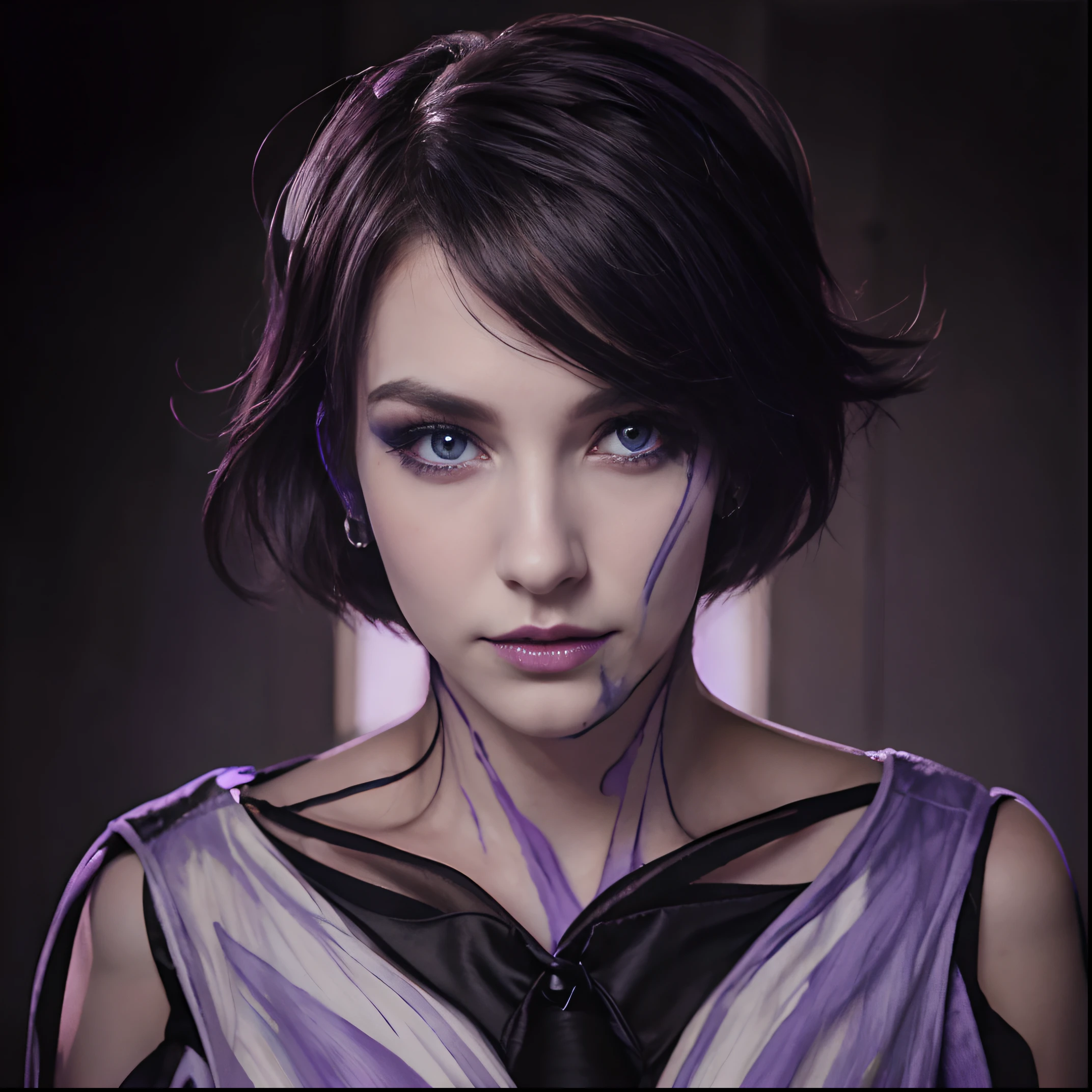 Violet eyes, with a painting of a skull on half of the face