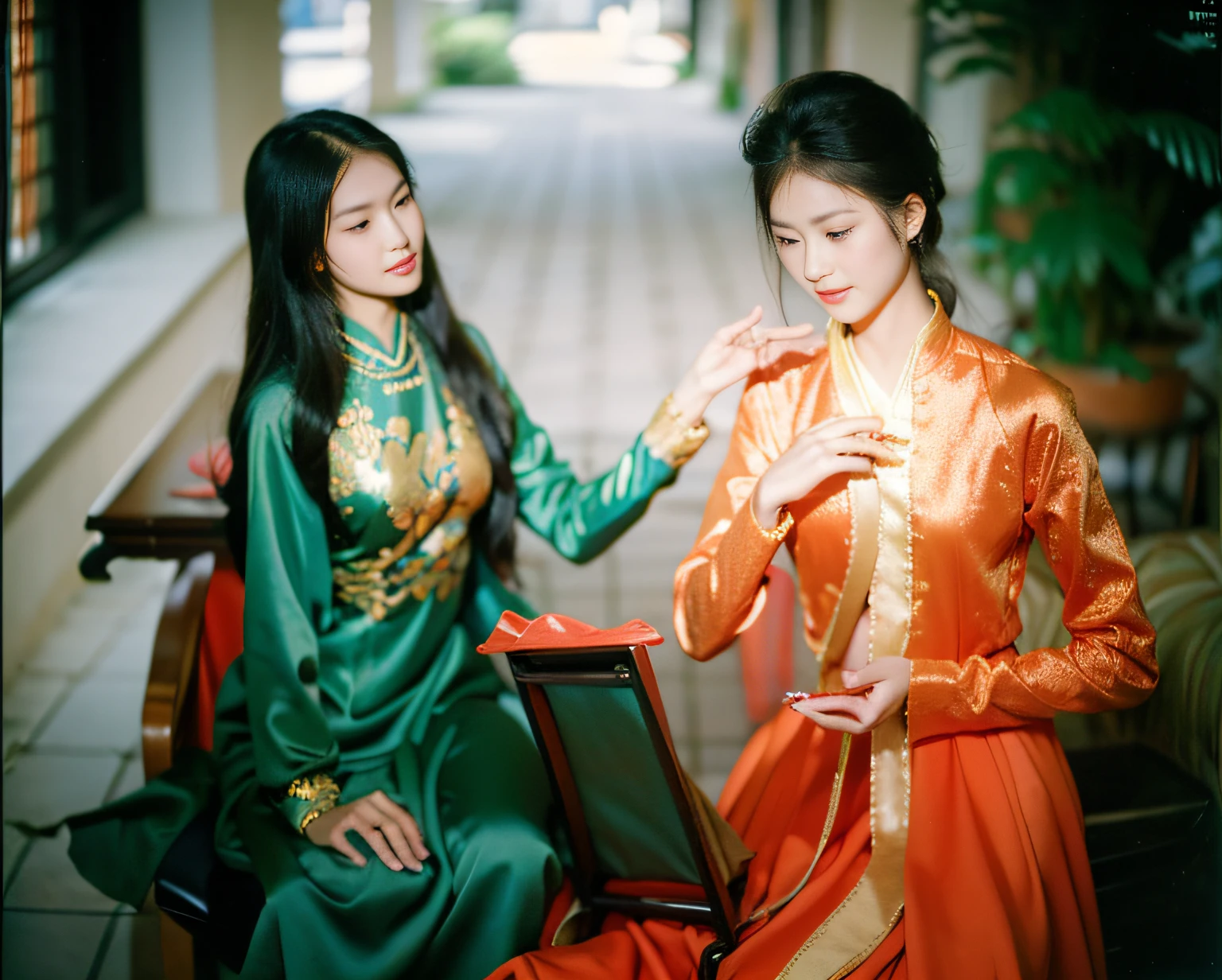 Highly realistic photo, Portrait 2 beauties in the story of Kieu, Thuy Kieu and Thuy Van, taken in 1975 by kodak.