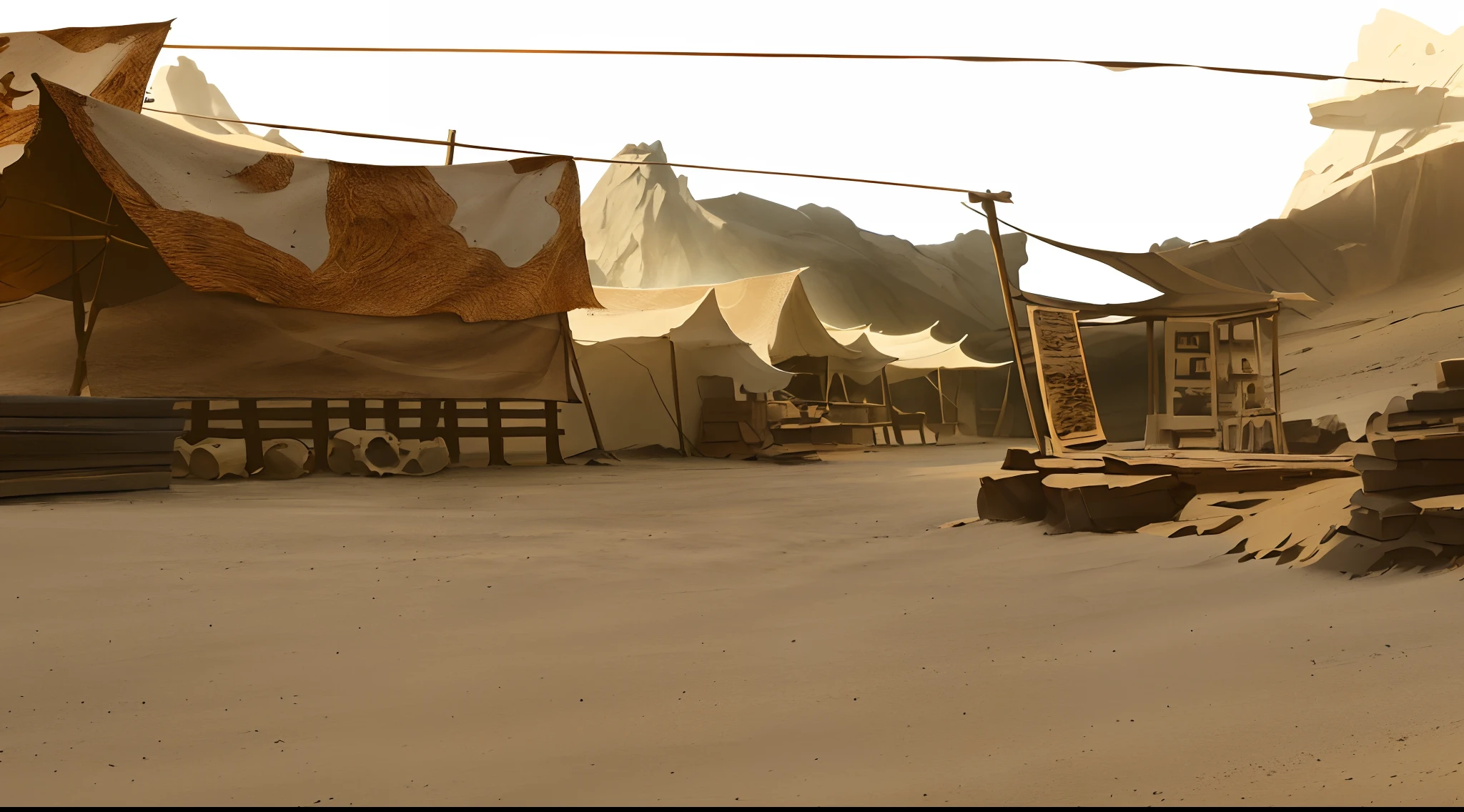 desert market building with lots of goods, lots of tents, sand and stone road, lots of tied ropes, lots of tables, lots of tall stone statues, lots of flags tied on ropes, Makoto Shinkai style render, anime style, 2D style render, bones and skulls, sand dunes, cloth roofs, wooden posts,