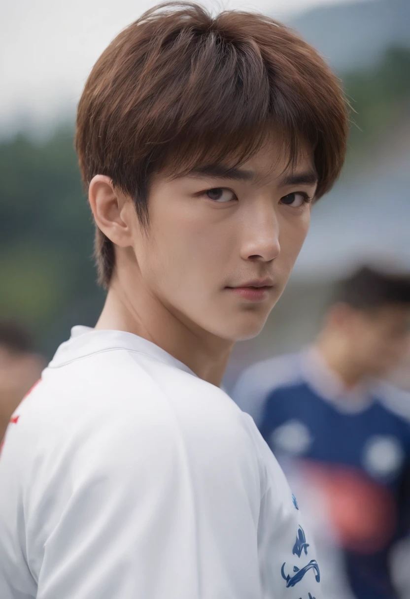Captain tsubasa, medium hair, back hair very up, wear white jersey, Nankatsu ogo on left chest,