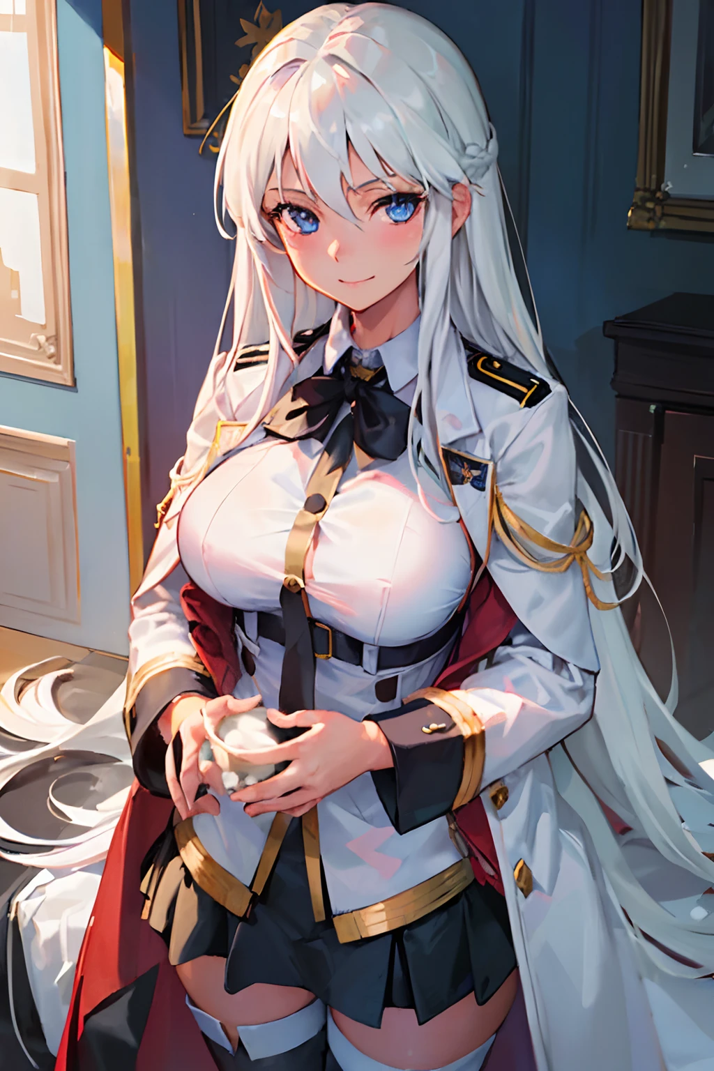 (((Best quality, 1girl,))) white hair, uniform, coat, large breasts, looking at viewer, warm smile, blue eyes, long hair, military uniform, indoors, close up,