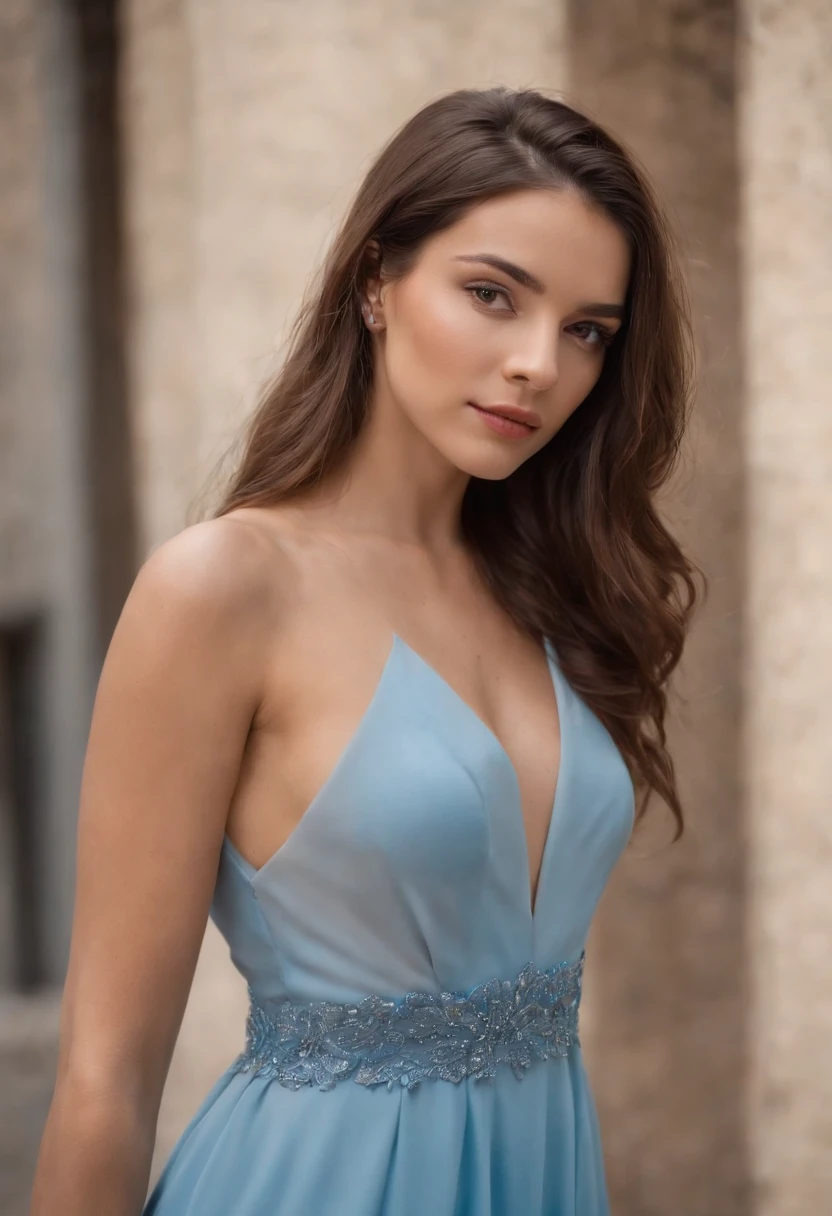 girl with reddish-brown hair, ojos azules, Beautiful, cuerpo completo, small breasts, piernas abiertas, en la parte posterior, con un vestido corto negro con medias de red, tacones altos, red lipstik, cara perfecta, ultra detallada 8k 32k masterpiece