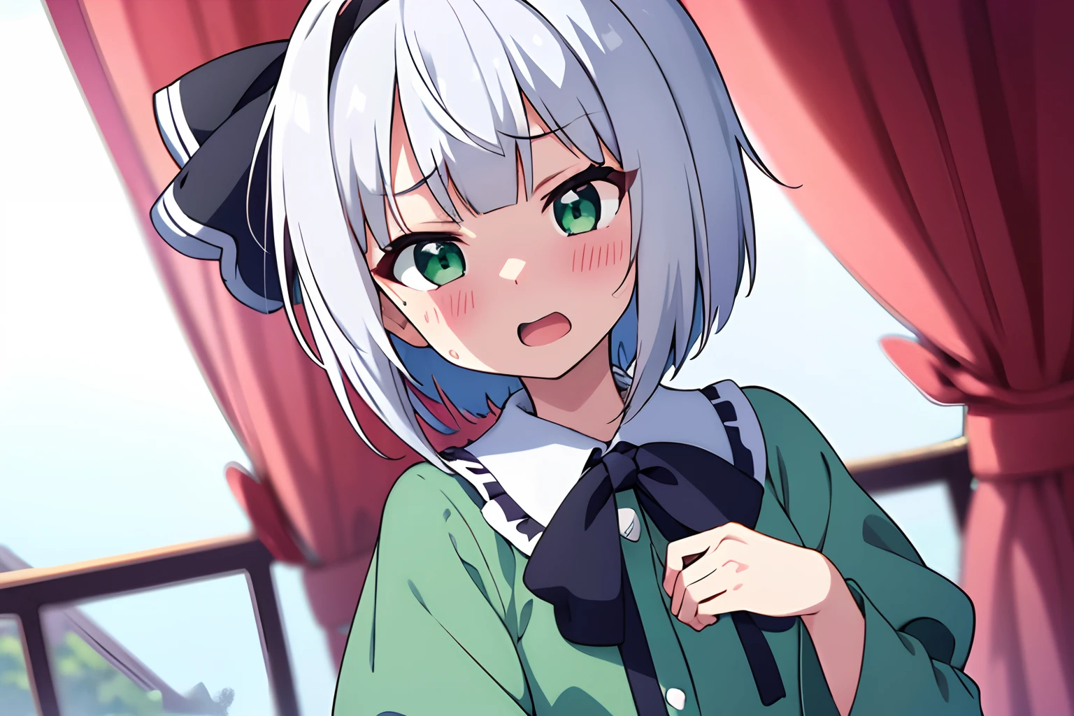 Anime style、Best Quality, 1girl in, Solo, (konpaku youmu staring at the camera)、From upper body up、is standing、 beautiful countenance、embarrassed from、blushed face、Eye Highlights、shortsleeves、Petite、Open mouth、Green eyes、White hair、childish、perspiring