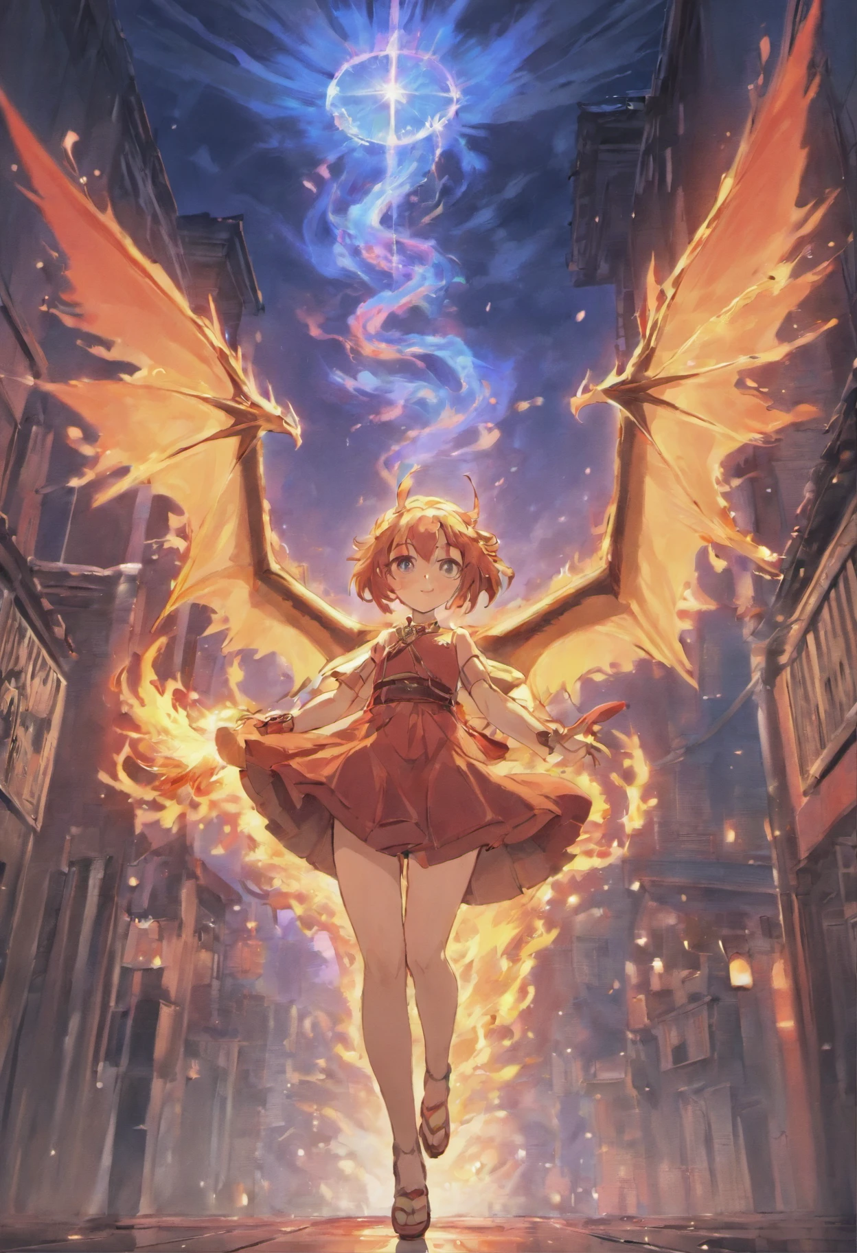 Dragon flying over burning town、large plumage、highcontrast、Girl is looking at the sky、red fullmoon、splash water､Flowing flame、detailed girl、neon color､Incandescent effect