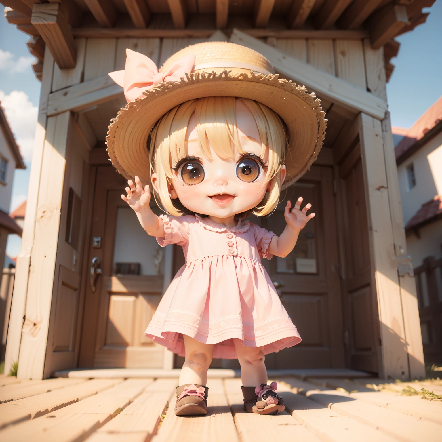 Cute Chibi Anime、(((Chibi 3D))) (Best Quality), (masutepiece)、Chibi pig、In front of a house made of straw in fairytale land、Open your mouth and smile、A detailed face、Standing、