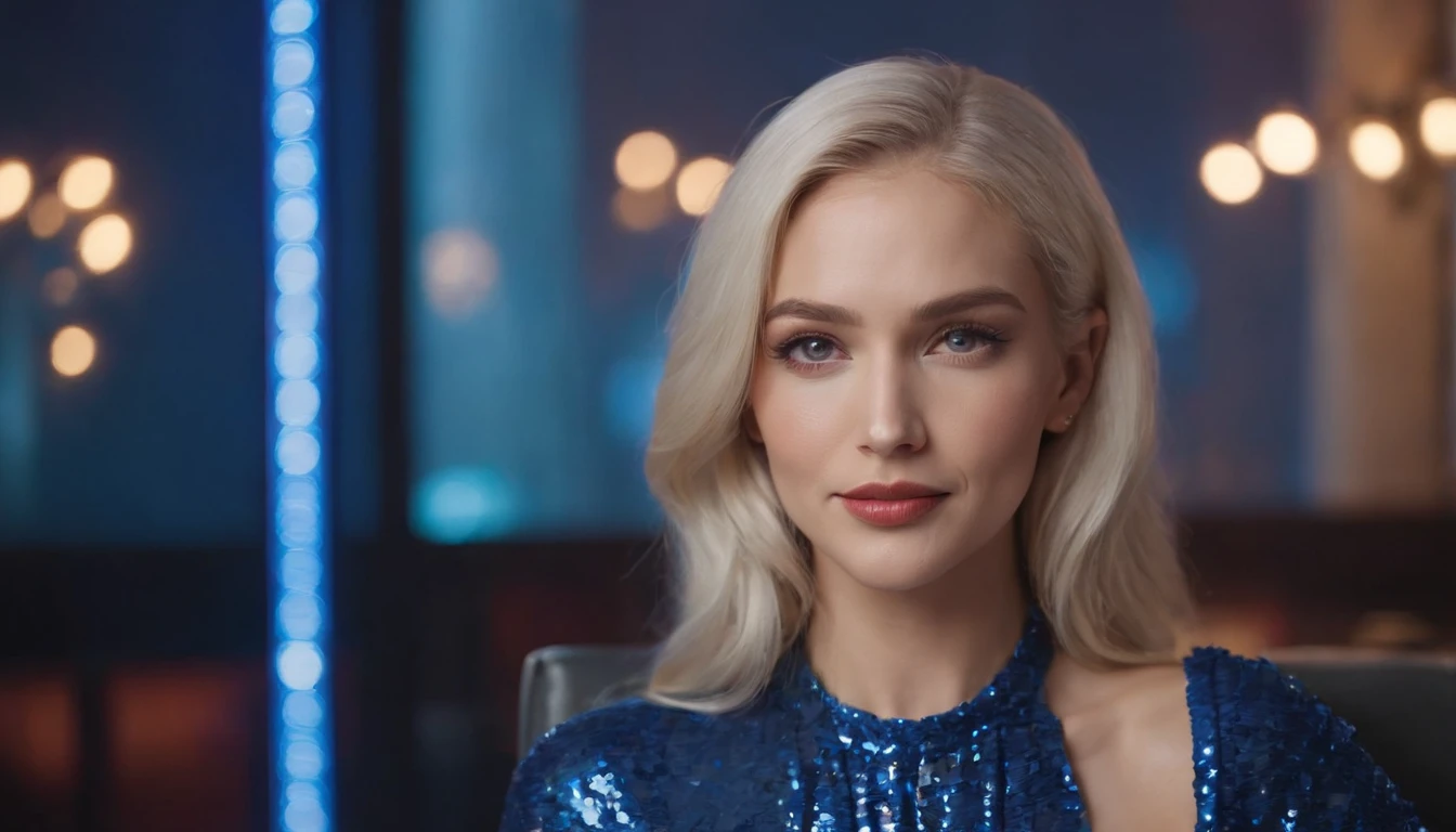 A sexy Romanian woman wearing blue sequins is sitting with her knees up on a chair, looking at me and smiling against the colorful neon lights of New York City, she has beautiful blonde hair and clear blue-gray hair. Eyes, double eyelids, slightly open mouth, thick lips, gentle smile, perfect proportions, perfect hands, perfect legs, 25 years old, the overall composition is that of a woman on the right side of the screen,