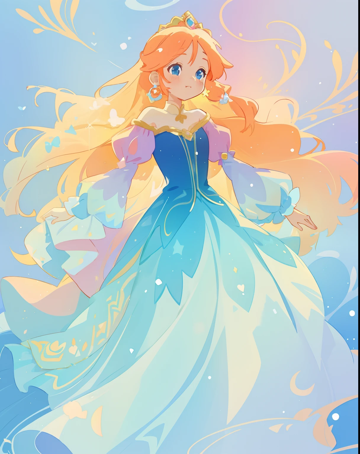 beautiful girl in gradient blue princess ballgown with puffy long sleeves, long flowing gold peach hair, liquid theme, colorful fantasia background, watercolor illustration, disney art style, beautiful digital illustration, beautiful, masterpiece, best quality, anime disney style, beautiful face