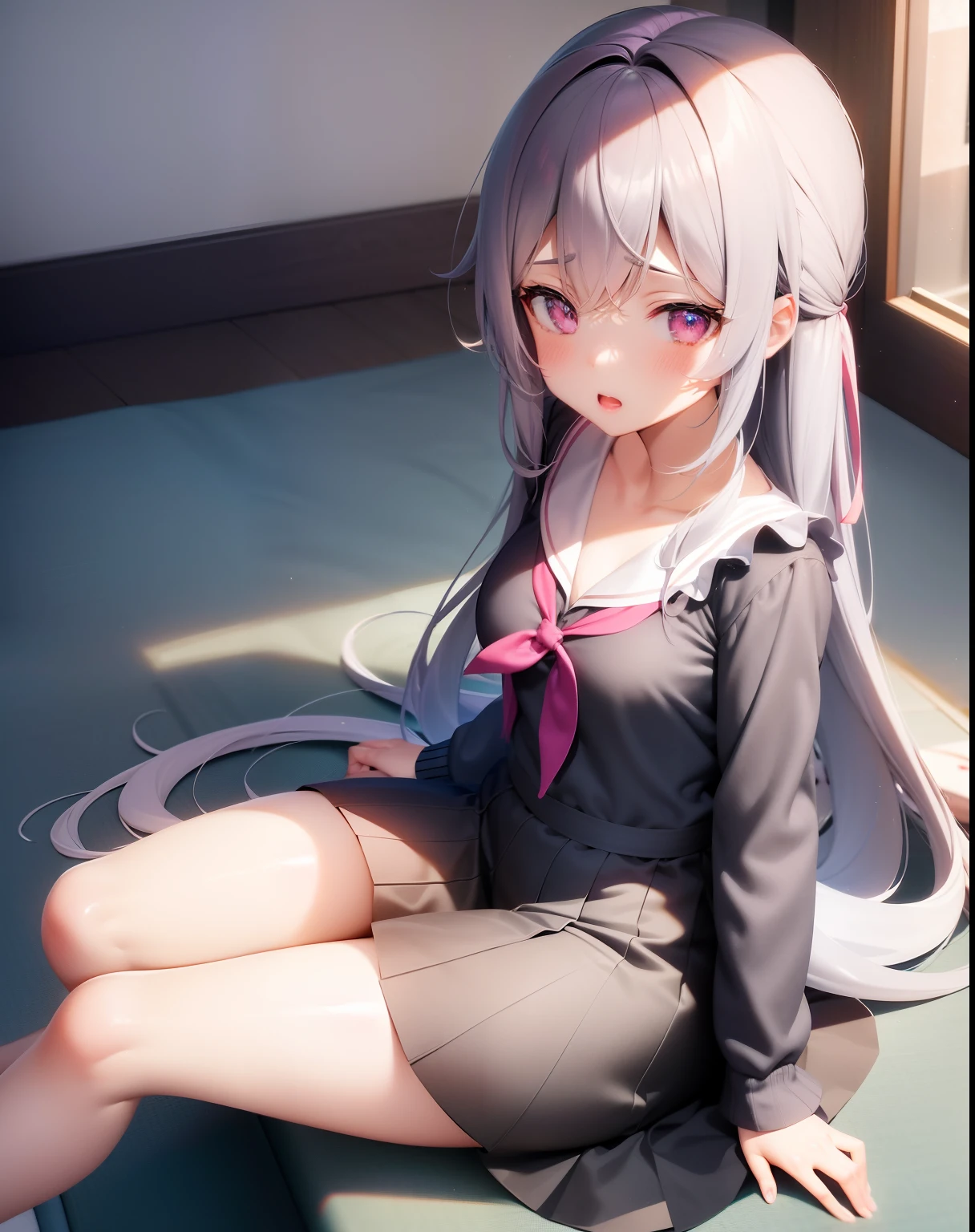 Anime girl sitting on a blue chair with a pink pillow, Smooth Anime CG Art, a hyperrealistic schoolgirl, noire moody scene, perfect gray hair girl, visual novel cg, nyaruko-san, hanayamata, **** in dress, render of a cute 3d anime girl, beautiful anime high school girl, Realistic Schoolgirl, noire photo