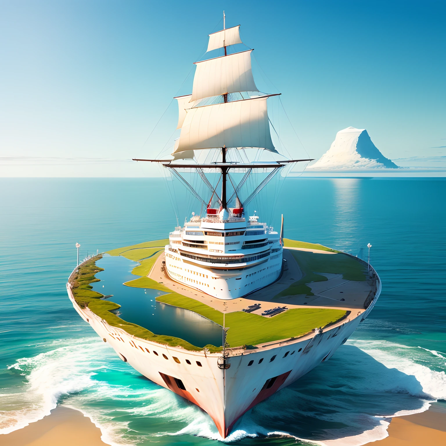 A floating Island over the ocean with a ship sailing towards the island