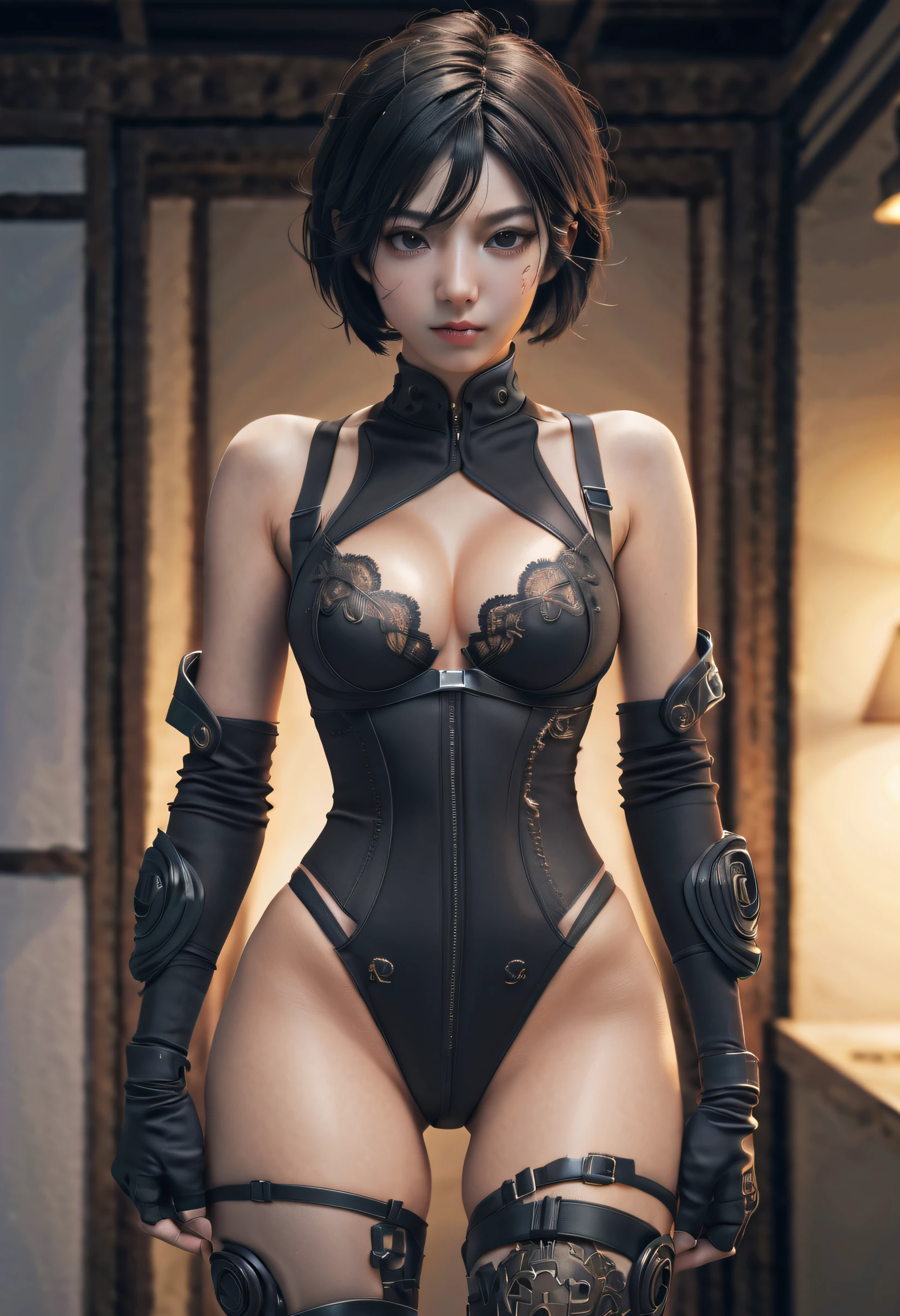 beautiful japanese young woman, extreme detailed, bodysuit (glowing effects) (milittary gear), gloves (glowing effects), belt (glowing effects), thigh boots (glowing effects), respirator (glowing effects) (gas mask:0.4), looking at viewer, face, portrait, close-up, slender (solo character), short hair (black hair),