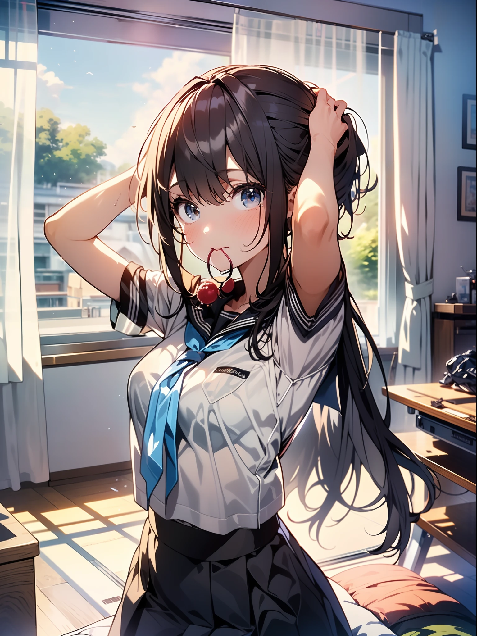 A beautiful girl dressed as a nurse posing for the photo, using a stethoscope and a syringe, anime girl, (quite adorable sexy nurse dress and robe and nurse hat), upskirt, (skirt lift:1.4), white panties, white lace stockings, big rounds breasts, dark brown hair, bangs, french braid, long hair, ponytail, wavy hair, asymmetrical bangs, asymmetrical bangs, shiny hair, nurse cap, hairclip, hair ribbon, aqua eyes, glowing eyes, pupils sparkling, earrings, open mouth, embarrassed, blush, nervous, surprised, glossy lips, worried, high detail, anime, anime style, depth of field, cinematic lighting, dithering, image fill, first-person view, dutch angle, (front view:1.4), from below, (whole body), atmospheric perspective, perspective, Wide-Angle, f/1.8, 85mm, Nikon, 8k, super detail, UHD, retina, masterpiece, accurate, anatomically correct, textured skin, high details, best quality, highres