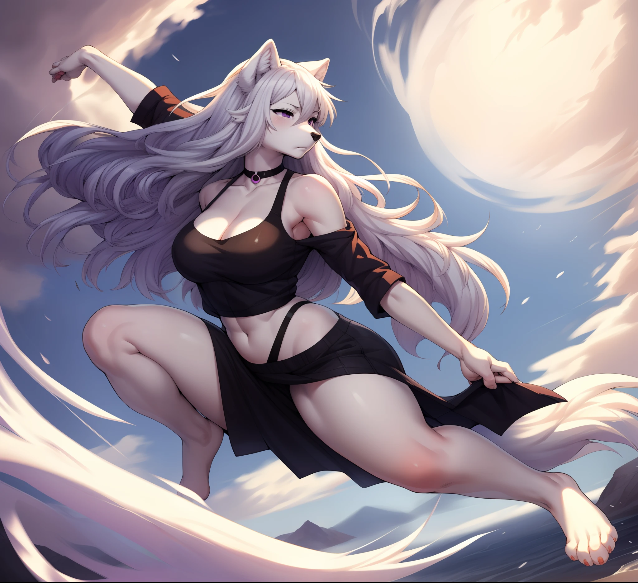 Solo, Naomi, white wolf girl, purple eyes,white wolf tail, long white flowing silky hair, serious face, wearing revealing flowy tai chi garbs, barefoot, 4 toes, paws, misty, wind and air energy flowing around her, channeling white energy, wind steaks, air currents, visible wind, by gudlmok99, 4k high definition, high resolution, heavy winds,