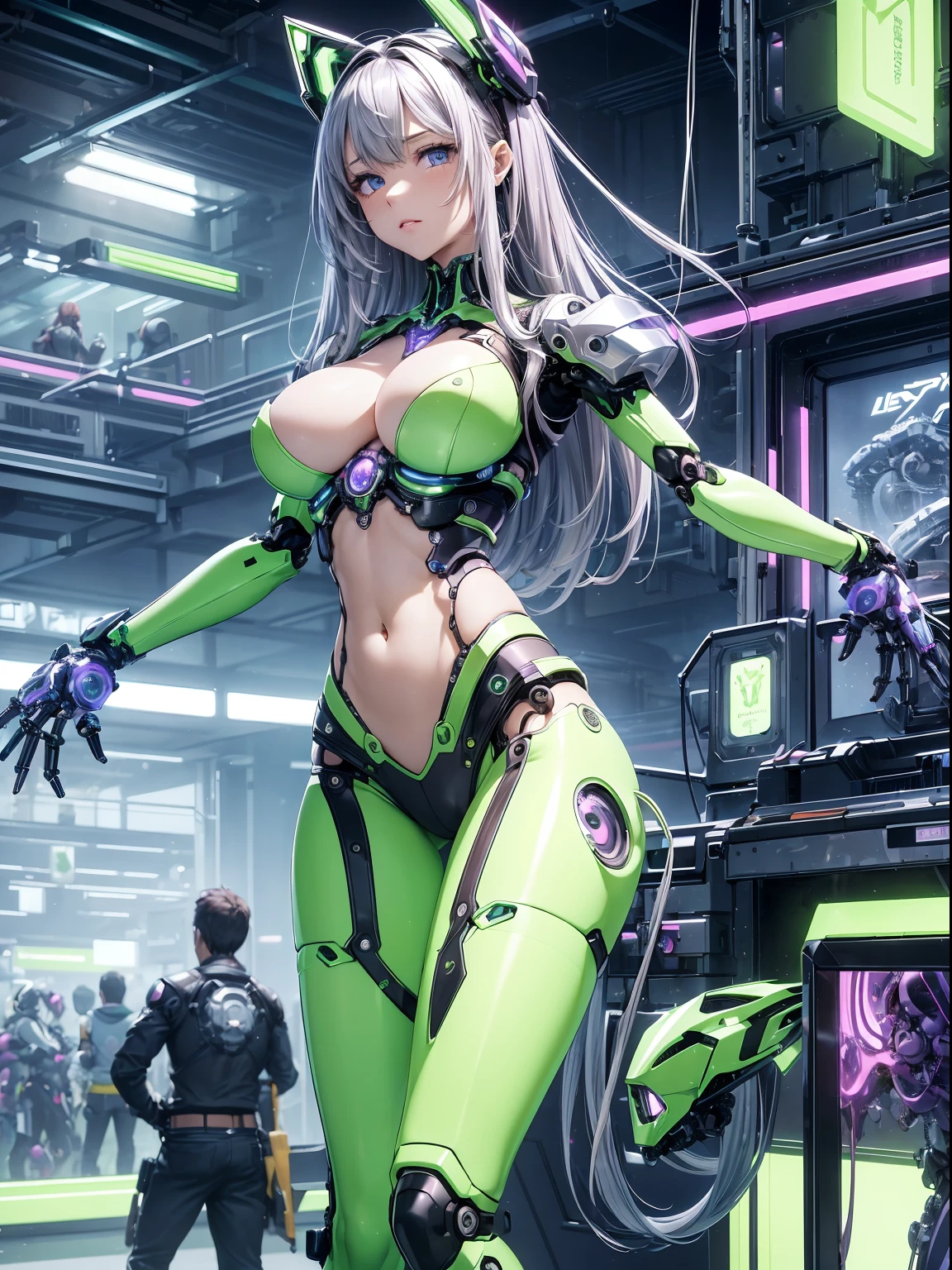 absurderes,(masterpiece、top-quality、8K ),intricate detailes,ultra-detailliert、1 Beautiful, And a woman of perfect proportions,(Machine Girl 1.3),purple long hair,cleavage,Navel,Stomach,(Mechanical body,mechanical arms :1.4),(green and silver body:1.3),neon light parts,glowing neon light,Mechanical headgear ,(Cyberpunk ),Hyper realistic,Perfect Anatomy