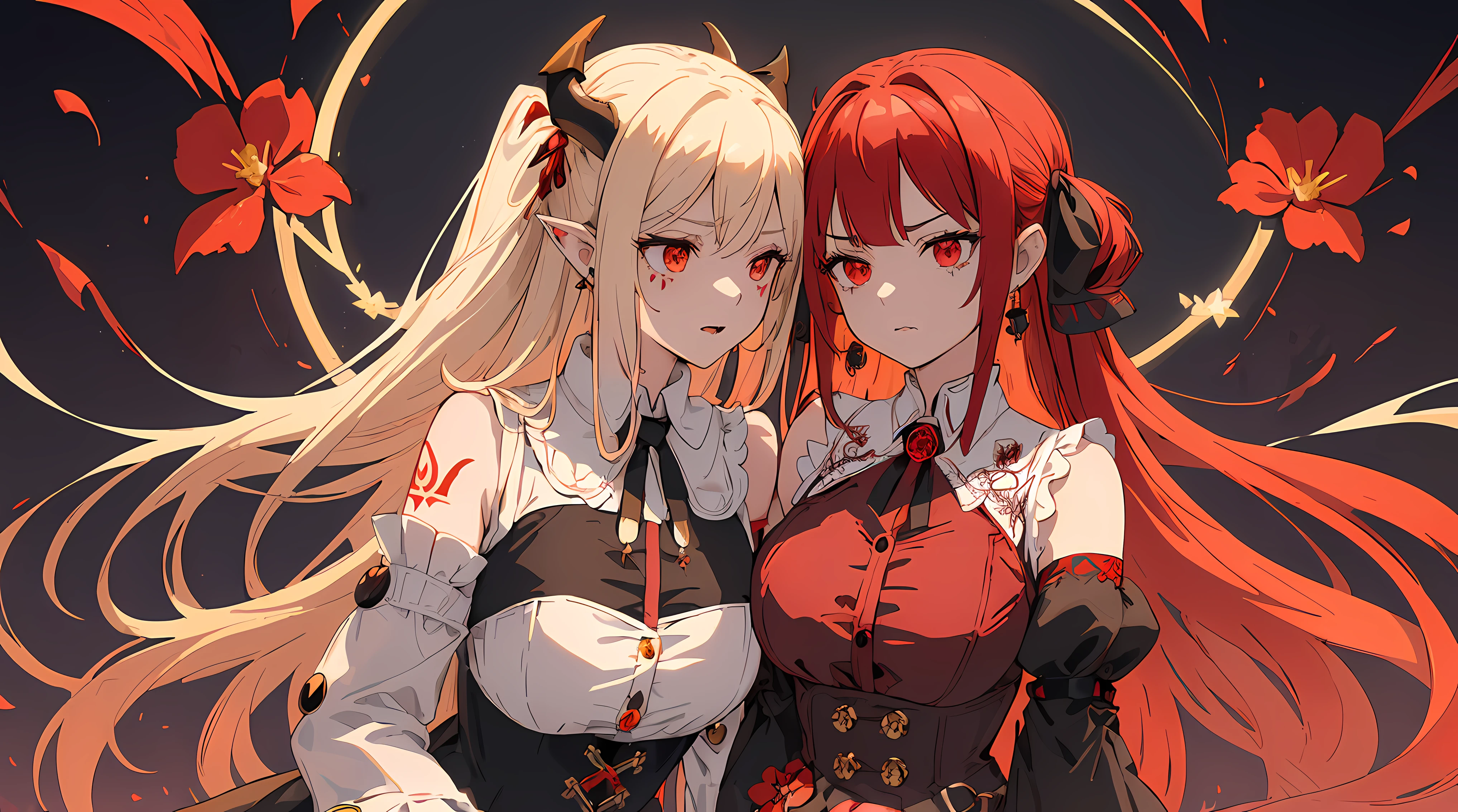 //style (dark tone:1.3), (red tone:1.5), blue tone, BREAK //quality and character illustration, highres, ultla detailed, absurdres, extremely beautiful (vampire ladies holding each other:1.2), (cheek to cheek, chest to chest:1.5), (little horns decorated with flowers:1.2), (ultra detailed blood splash red tattoos:1.3), long messy colorful hair, flat chest, (upper body:1.3), BREAK //fashion (colorful gothic punk:1.3), (silk large ribbon tied around her neck:1.5), (ultra detailed embroidery bustier:1.5), (ultra detailed embroidery see through sleeves:1.5), (front button long skirt with decorative buttons:1.8), (strap long boots:1.5), pierce, BREAK //background (dark background:1.2), (flowers:1.5), (many jewelries:1.8), (glowing magic circles:1.3), (will-o'-the-wisp,:1.5), (red splash:1.3),