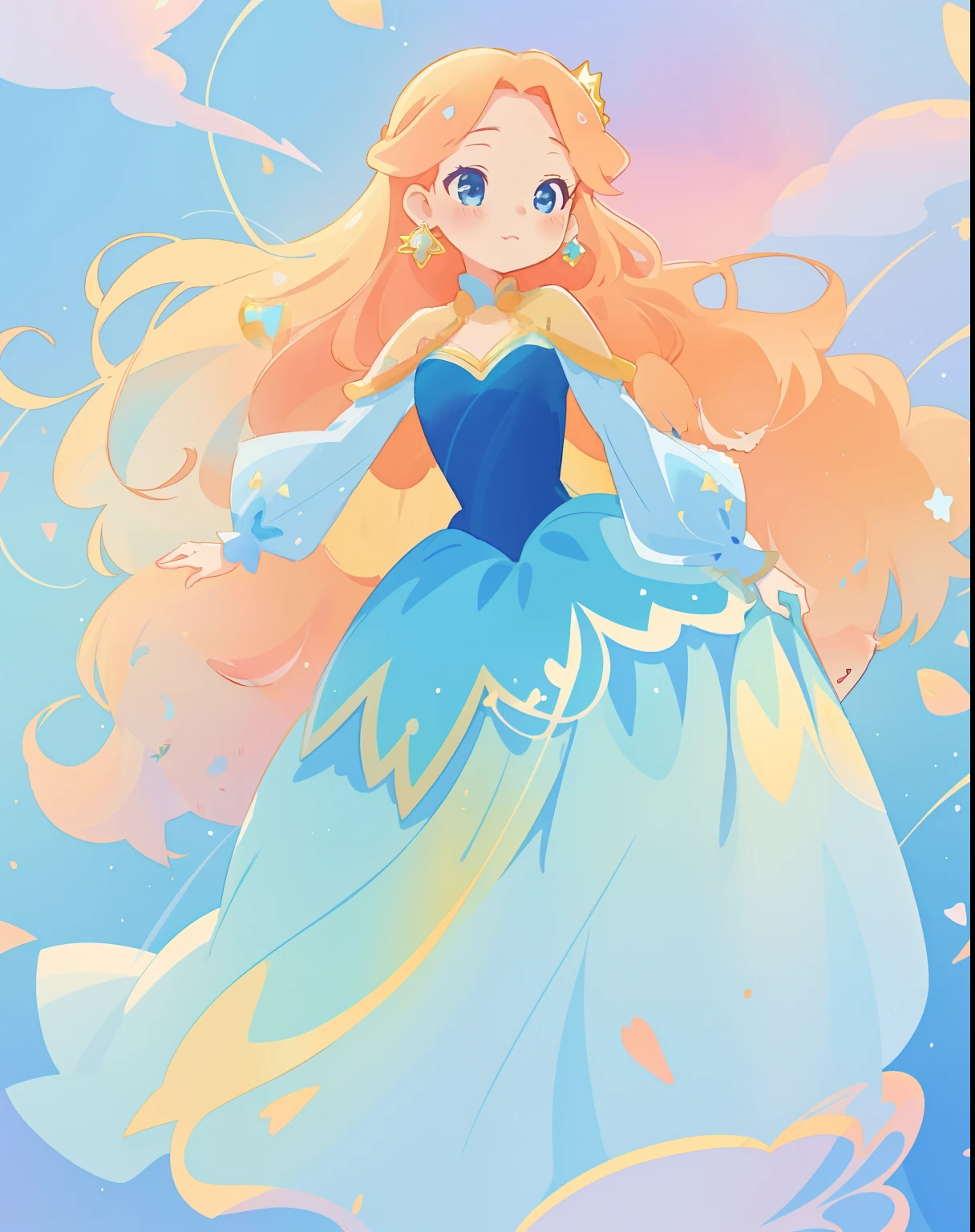 beautiful girl in gradient blue princess ballgown with puffy long sleeves, long flowing gold peach hair, liquid theme, colorful fantasia background, watercolor illustration, disney art style, beautiful digital illustration, beautiful, masterpiece, best quality, anime disney style, beautiful face
