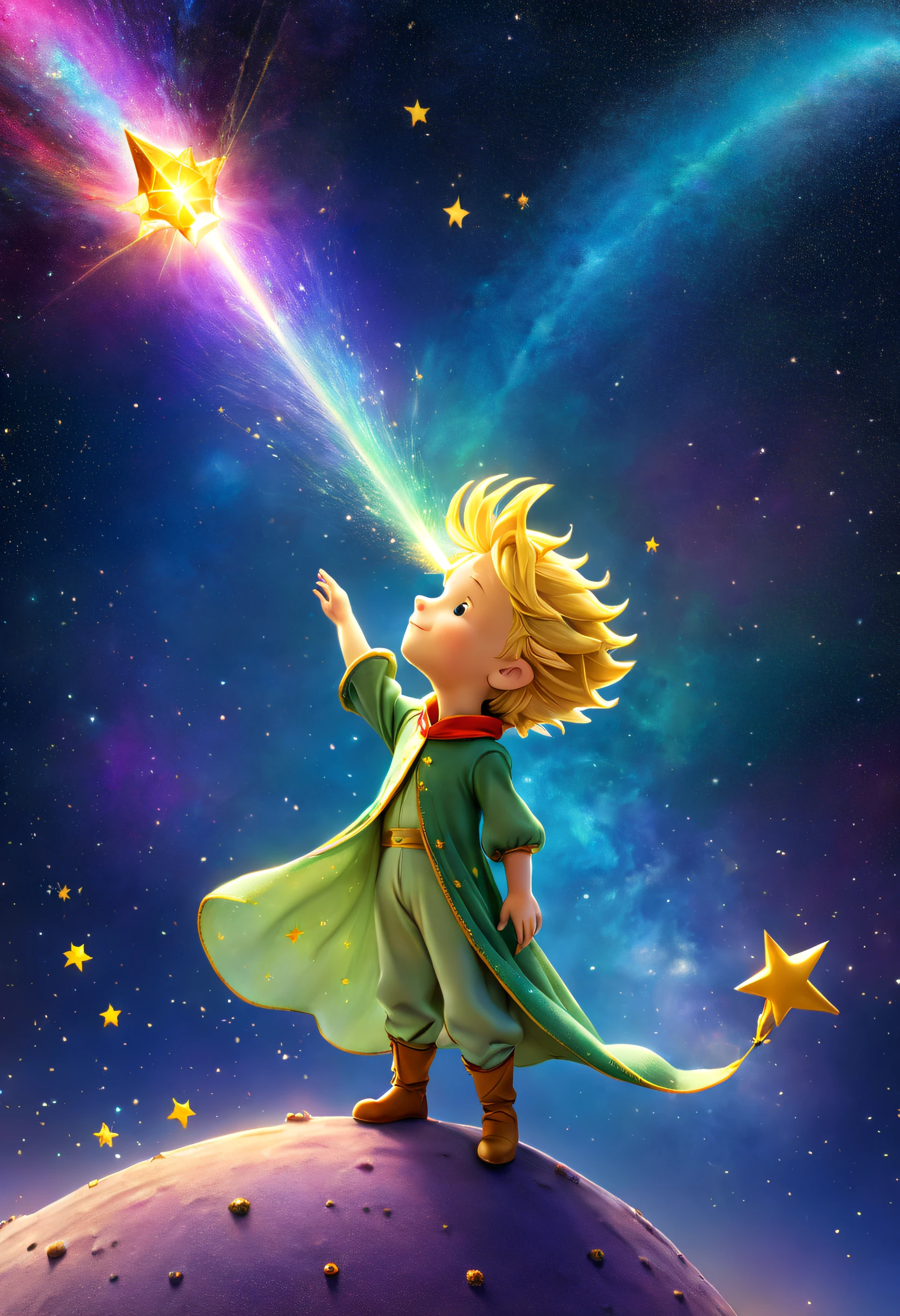 The Little Prince atop a majestic, multi-hued meteor, as it soars through the starry cosmos, showering vibrant celestial dust and evoking a sense of infinite awe and wonder.