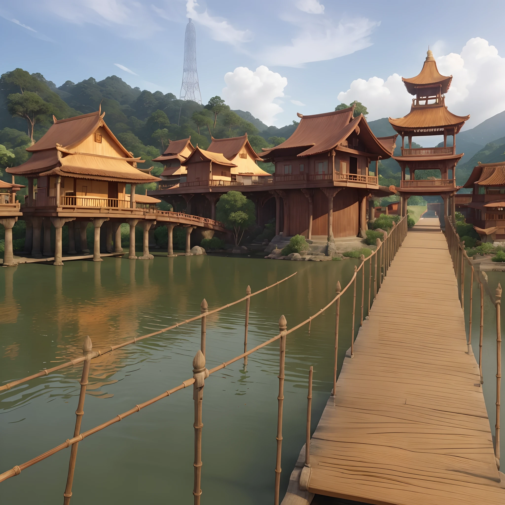 3d animation of this scene,traditional same building,same orange bridge has a base made of bamboo and pillars made of iron,The bridge handles on both sides are made of thin iron and are orange in color.Hills with lots of trees, there are electric towers , same clear water