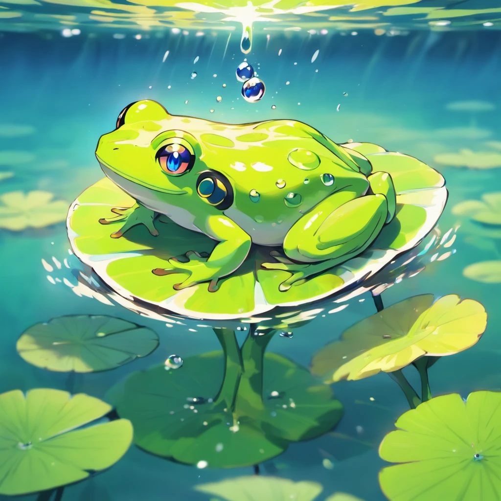 (best quality,highres:1.2),ultra-detailed,shiny green frog pokemon with powerful water-based abilities,blue water aura,piercing eyes,webbed hands and feet,outstretched arms,standing on a lily pad in a calm and serene pond,water drops glistening on its smooth skin,reflections of the moonlight on the water surface,transparent fins on its back and limbs,emitting a soothing and calming aura,bringing tranquility to the surrounding environment,navigating effortlessly through the water,creating playful ripples as it moves,sparkling water splashes and waves,showcasing its powerful water manipulation skills,creating a sense of wonder and awe,amongst lush green trees and vibrant flowers,illuminated by the soft glow of fireflies,harmonizing with nature,colorful rainbow shimmering above the frog pokemon,depicting its connection to the elements,vivid colors and realistic details capturing the essence of this extraordinary creature.