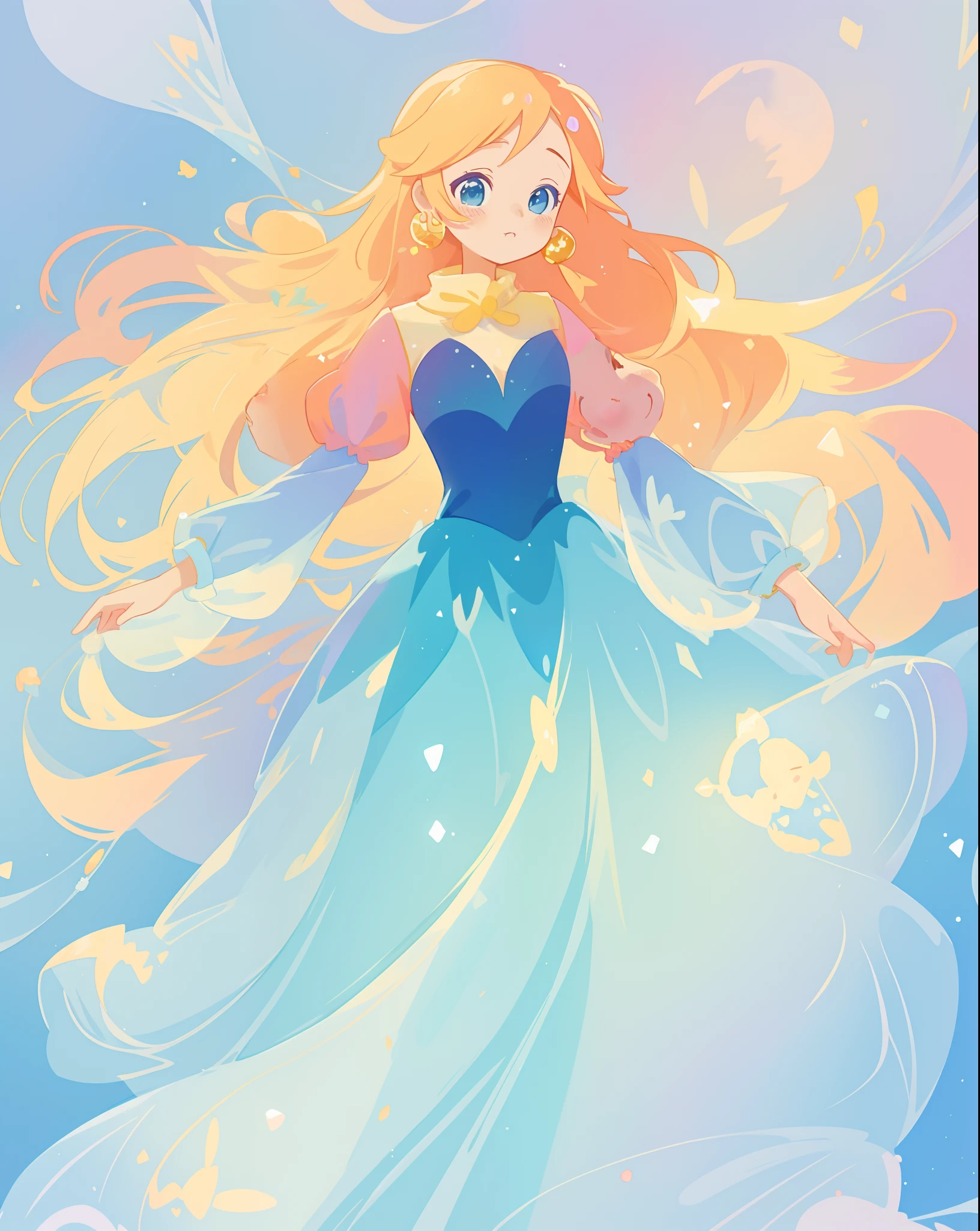 beautiful girl in gradient blue princess ballgown with puffy long sleeves, long flowing gold peach hair, liquid theme, colorful fantasia background, watercolor illustration, disney art style, beautiful digital illustration, beautiful, masterpiece, best quality, anime disney style, beautiful face
