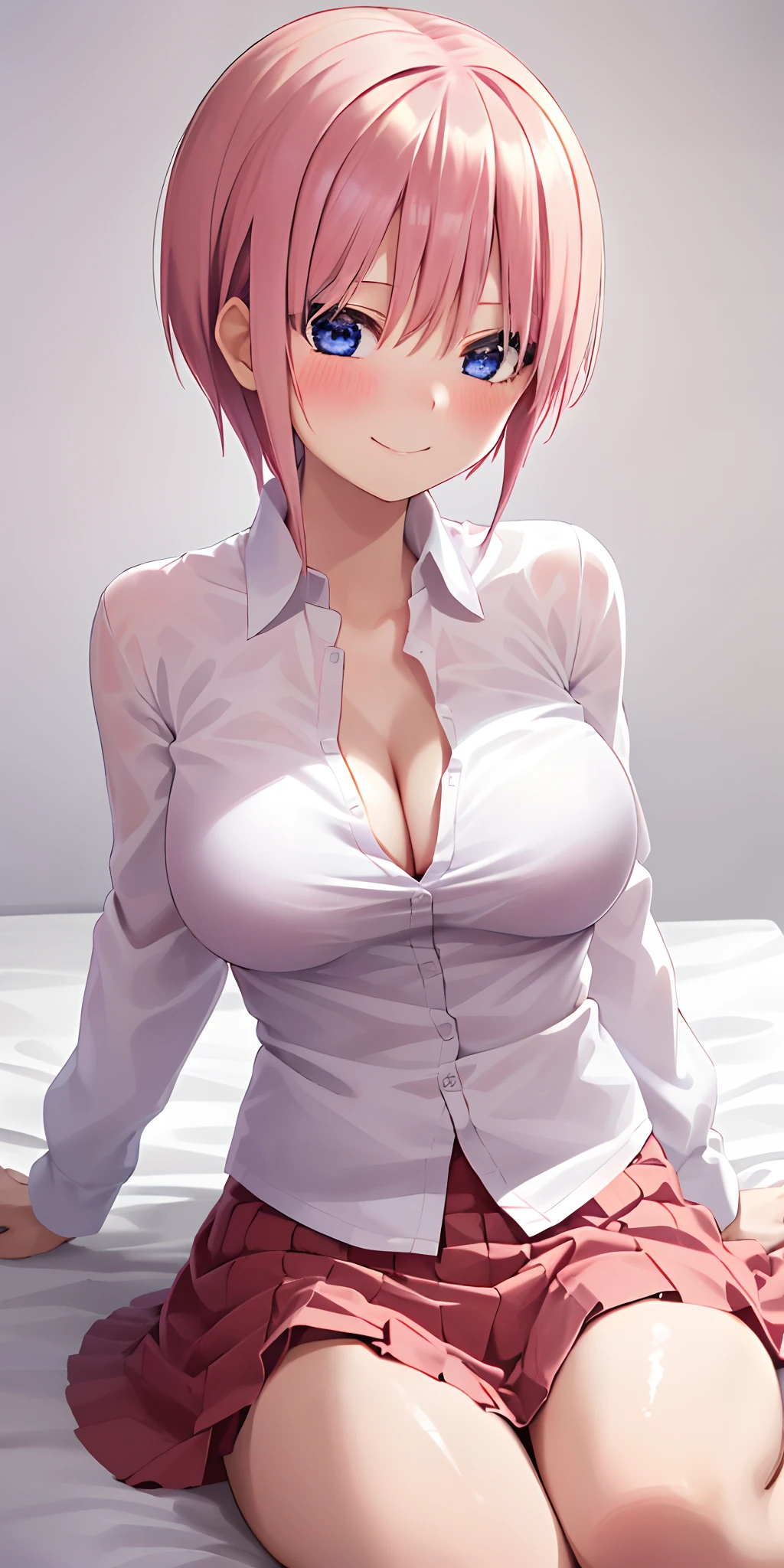 1girl in, 独奏, ichika nakano, Pink short hair, (barechested:1.3), (One white shirt), cleavage of the breast,Bed background, (red blush:1.2), a smile,Colossal tits,Nipples are visible,During sex,Thin, white skin