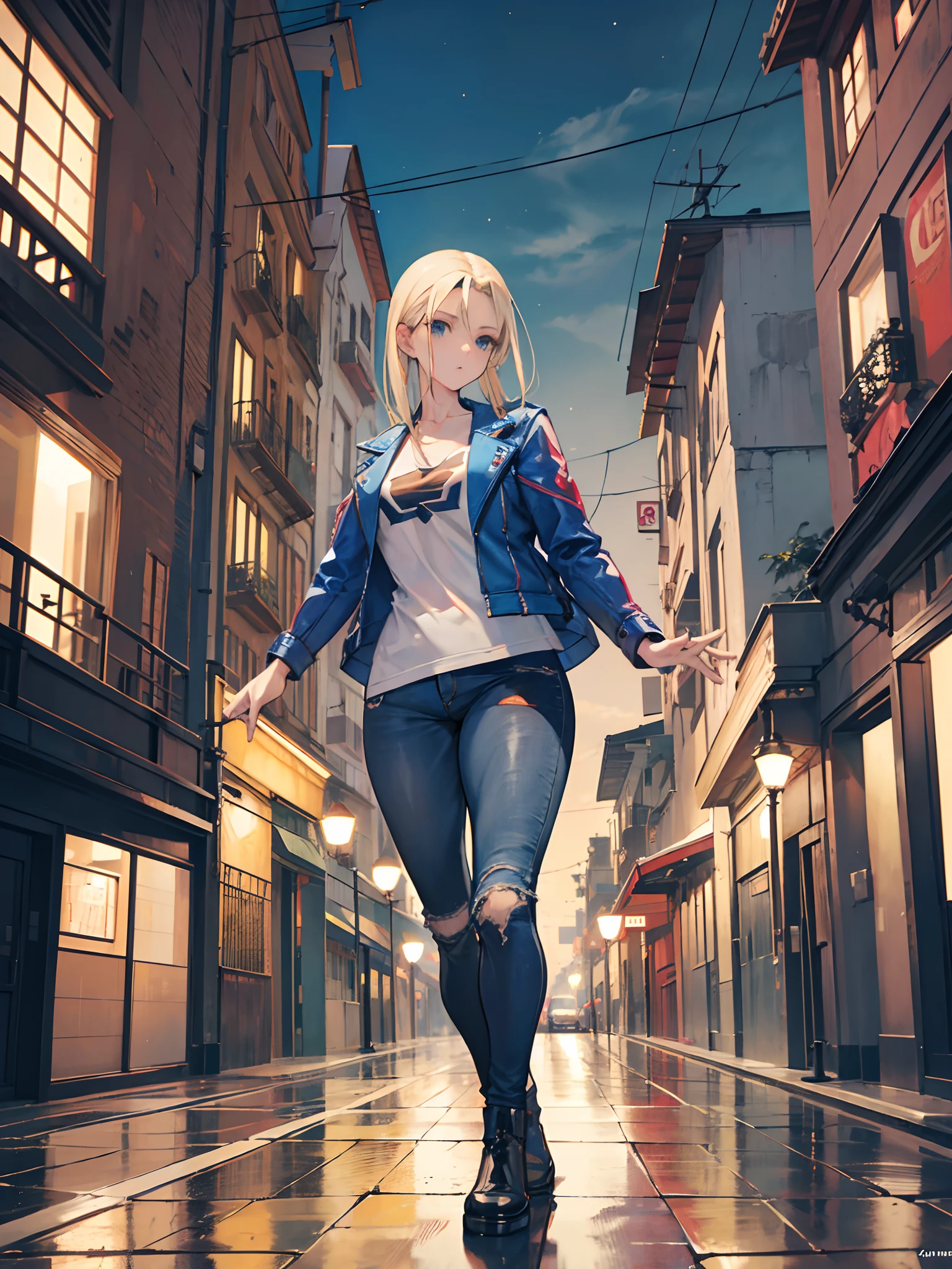 aya break, parasite eve, 3D, Video game character, realista, melhor qualidade, cidade destruida, neblina, cabelo loiro, Blue Eyes Far Angle, Ratio 4:3, papel de parede,melhor qualidade, ultra HD, 8k, corpo inteiro, em pe, destroyed jeans, ,corpete cigano, acima do joelho, vista distante, pernas perfeitas,rua, noite, chamas, chuva