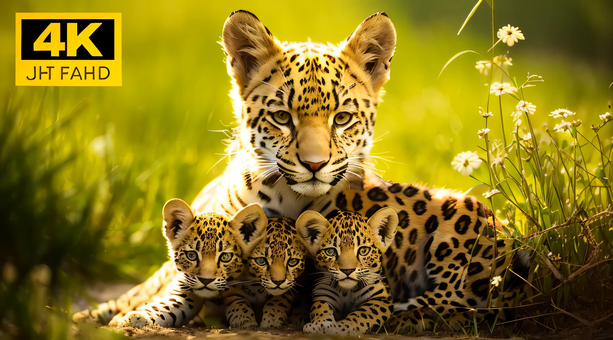 there are four Jaguars that are sitting together in the grass, Jaguar, Jaguaranimal, family portrait, Jaguar and Jaguar cub, playing with Jaguar, cute Jaguar, among Jaguar and Jaguar cub, family photo, closeup photo, wildlife photo, Jaguars playing in a meadow