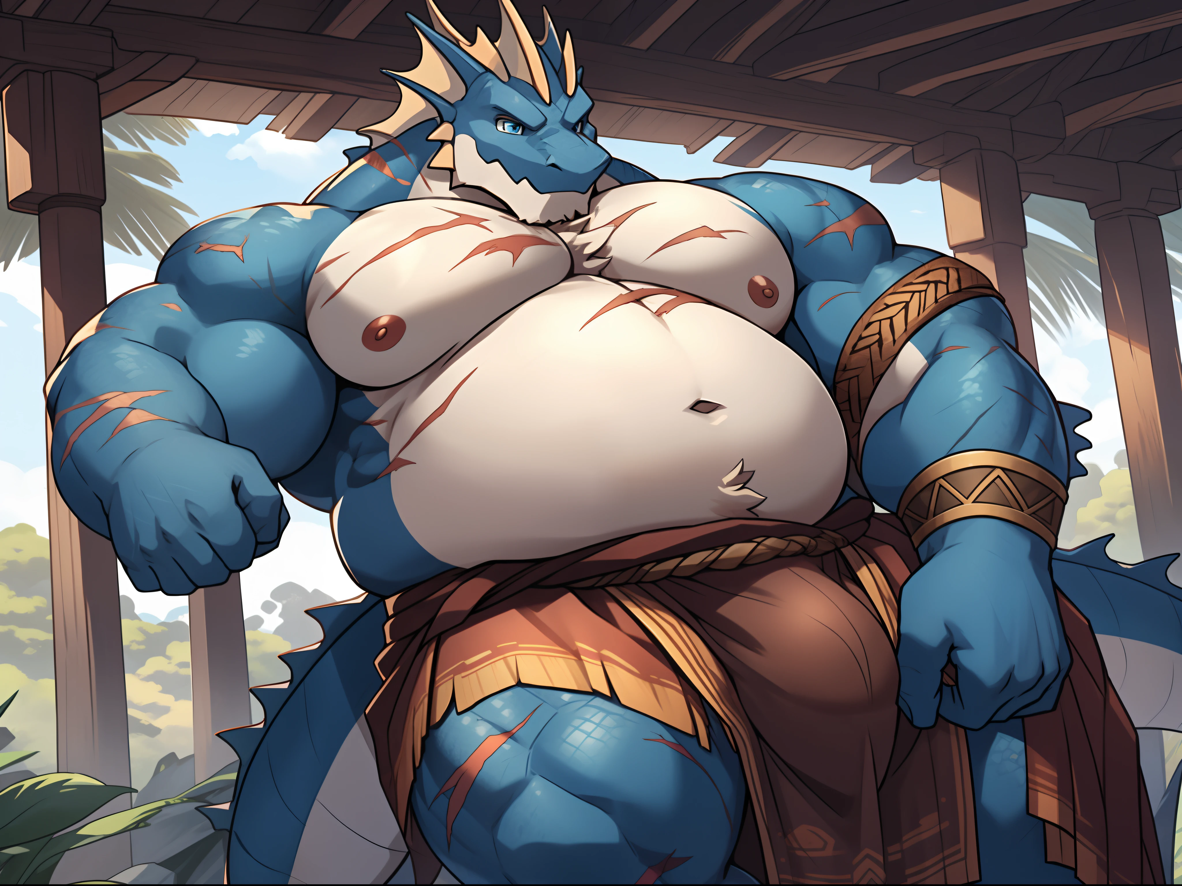 two guys,Male, Fishman Warrior, There are scars on the body,head fins,There are fins on the arms,Confused eyes, Super huge pink areolar protrusions , Fat Chubby, large biceps, Huge chest, The general's belly, blue color eyes,grey-blue scales,detailed crotch, massive bulge,Brown loincloth,Tortured,Give a person to suck the areola,The chest is rubbed