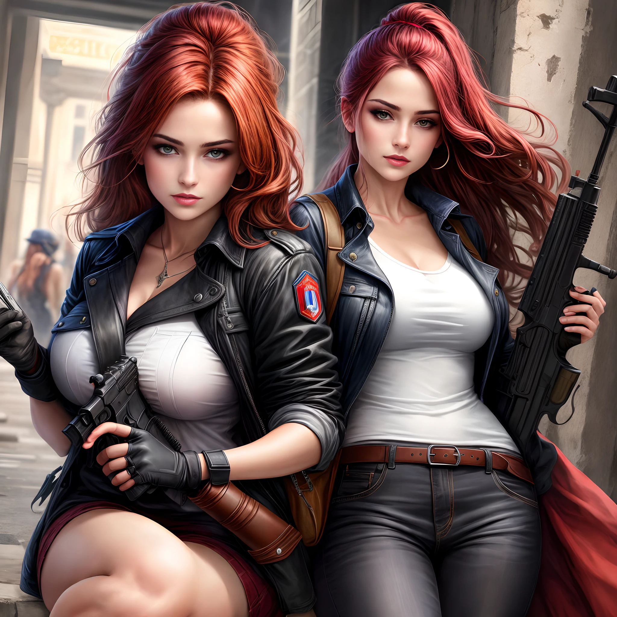 Claire Redfield、jeans、leather jackets、huge tit、poneyTail、multicolored hair、top-quality、​masterpiece、Beautie、Perfect facial features、a smile、Excellent style、