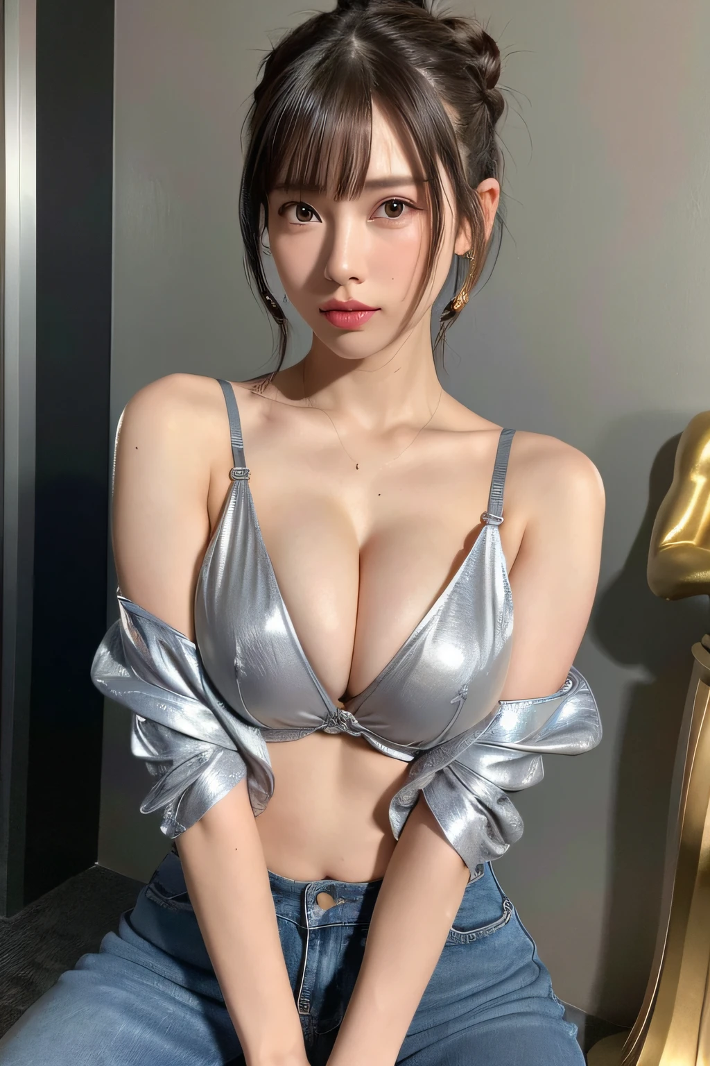 Cool outfits at random,Leather jacket and boyfriend jeans,(Short hair in shiny silver and orange inner colors,Ponytail twisted buns adorned with elaborate braids and beads,Braided Setup Fishbone Hair,),(Bangs are see-through bangs),(((emphasizing breasts:1.3))),(Dynamic angles),(Dynamic and sexy poses),(bending forward:1.3),(((Dignified statue))),Disturbance of clothing due to movement,breast slip,Beautuful Women,.Perfect face,large full breasts,,Intricate details,Very delicate and beautiful hair,photographrealistic,Dreamy,realistic shadow,Solo Focus,Beautiful hands,Beautiful fingers,Detailed finger features,detailed clothes features,Detailed hair features,detailed facial features,、(Professional Lighting),(Photorealsitic:1.3),(Raw photo.),(masutepiece,top-quality,Ultra-high resolution output image,) ,(The 8k quality,),(Image Mode Ultra HD,)