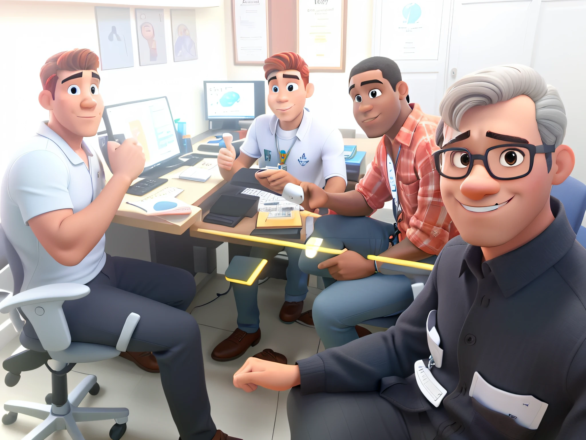 um homem moreno, um homem moreno, um homem negro e um homem branco ,estilo disney pixar, alta qualidade , melhor qualidade