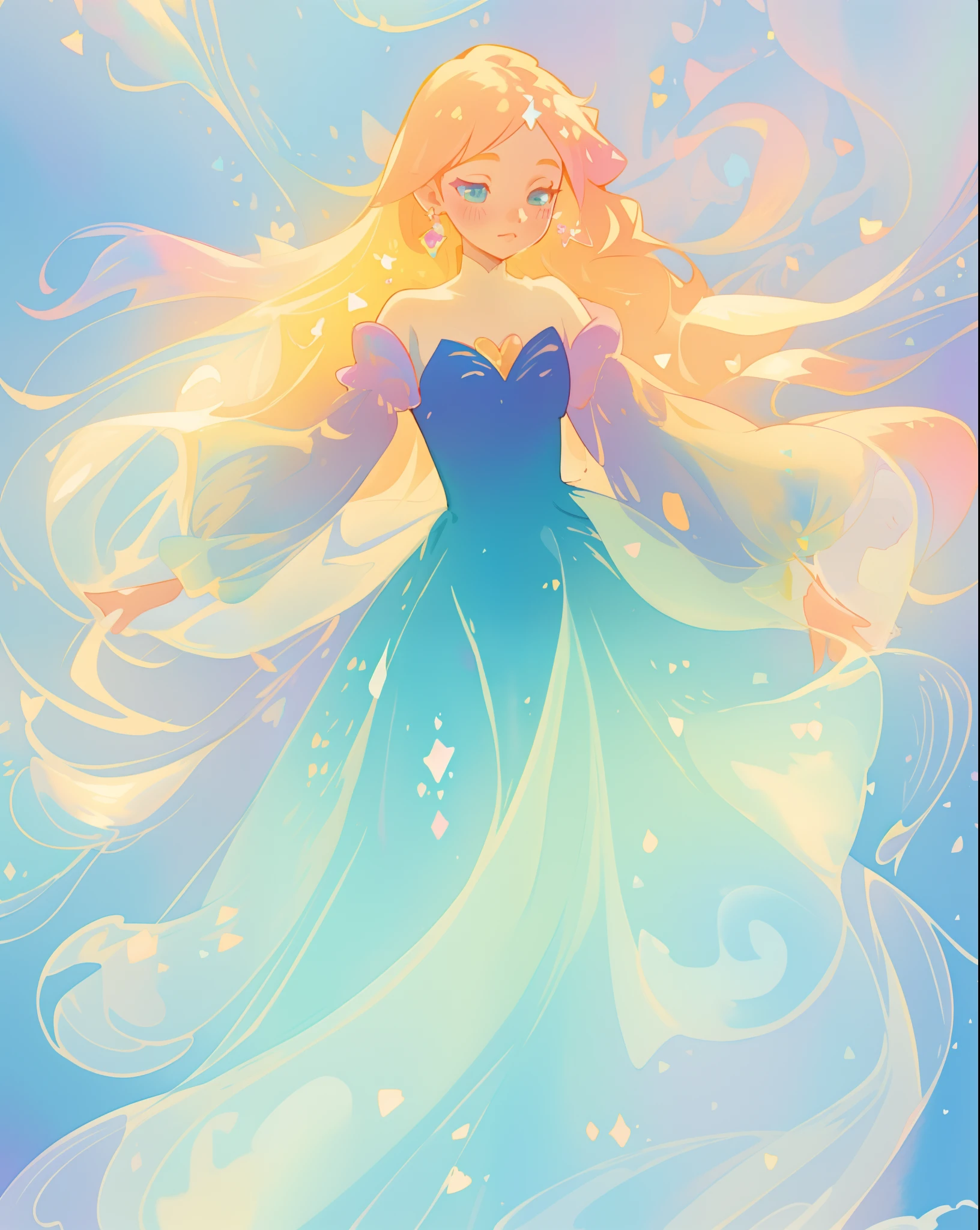 beautiful girl in gradient blue princess ballgown with puffy long sleeves, long flowing gold peach hair, liquid theme, vibrant pastel colors, colorful fantasia background, watercolor illustration, disney art style, beautiful digital illustration, beautiful, masterpiece, best quality, anime disney style, beautiful face