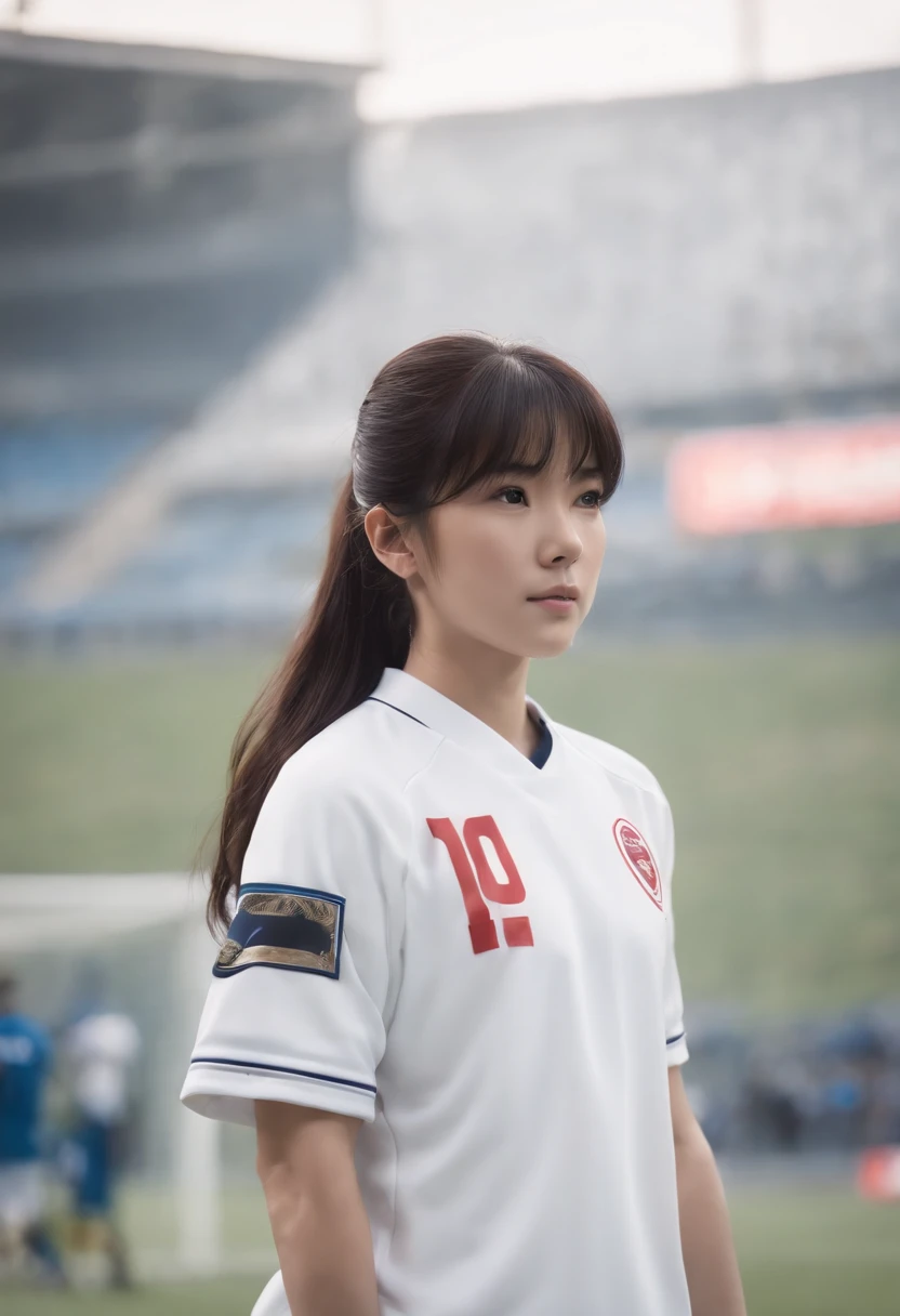 Captain tsubasa, medium black hair pony, back hair tail very up, wear white jersey, Nankatsu logo on left chest,delete adidas logo