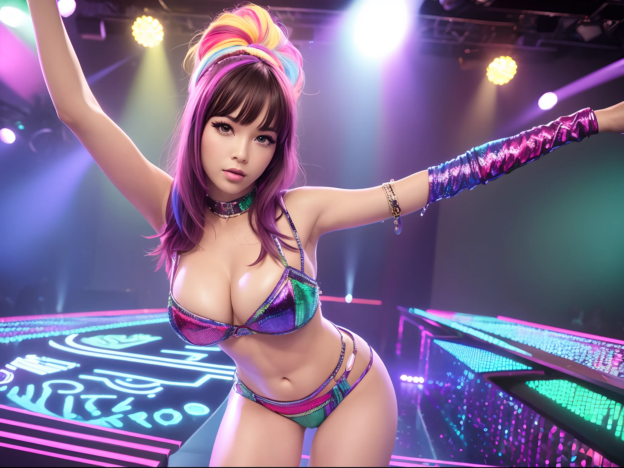 (best quality, 4k, highres, masterpiece:1.2), ultra-detailed, (realistic,photorealistic,photo-realistic:1.37), portraits, [vintage], [retro], vibrant colors, disco lights, energetic dance routines, [mini-skirts], [knee-high boots], [1960's], [go-go dancers], [sexy attitude], stylish hairstyles, [colorful patterns], [disco club atmosphere], dynamic poses, vivid expressions, captivating stage, [groovy music], [high energy].