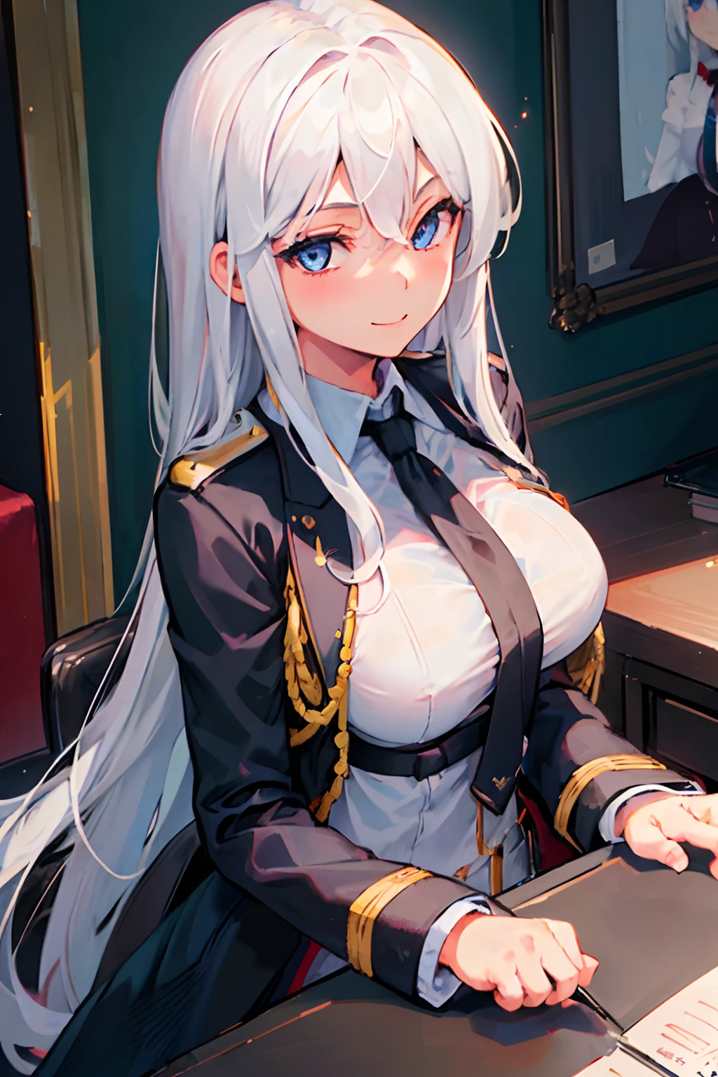 (((Best quality, 1girl,))) white hair, uniform, black coat, large breasts, looking at viewer, warm smile, blue eyes, long hair, military uniform, indoors, close up, black necktie