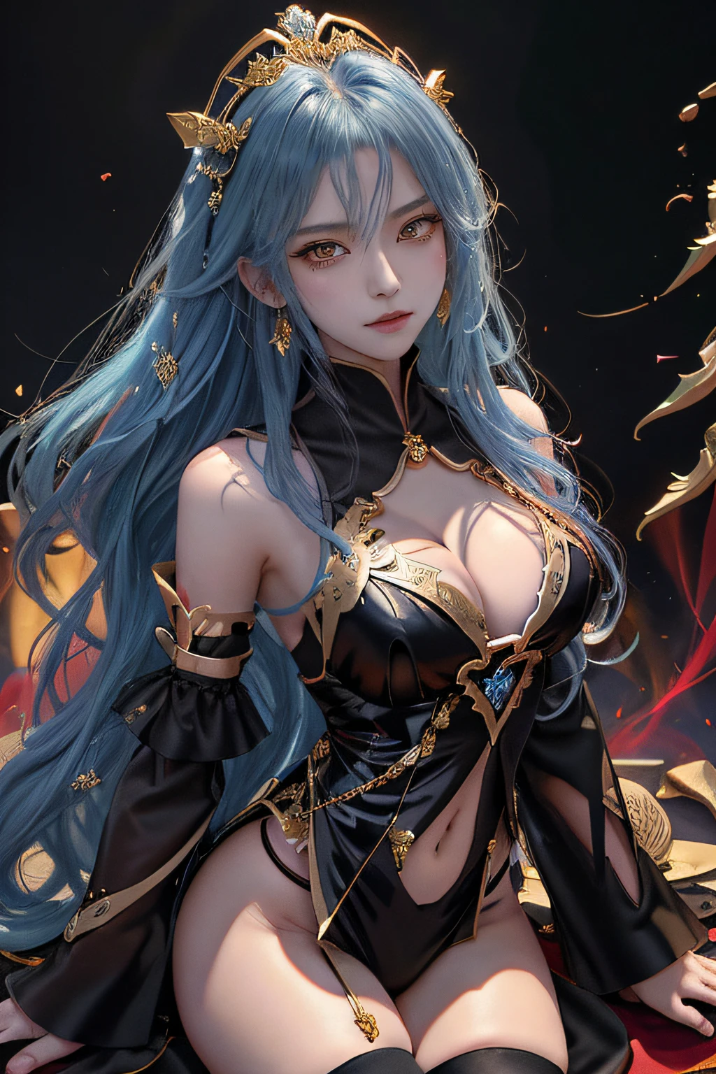 ​masterpiece、top-quality、Golden hair、Blue lightning、life-like、realistic detail、high détails。sexy  pose。red clothing。Blue Thunder。Blue crystal。Black suspended particles。Black smoke。fe。Black crystals around。Black smoke wafting around。Warping the body。Warping the body。banya。The Darkness。Ochi Yami Yugi。Troubled look。length hair。1girl in, Beautie, , Fine skin, anicos_No 1,, a navel, Detached sleeves, bare shoulders​, Central opening, cleavage of the breast,, middlebreasts, Long feather hair clip, Blue hair ornament, thigh highs,Look at viewers,in isekai, Ochi Yami Yugi。seductiv。Brainkill。tattooed。Gold pattern at chest.。Bright tattoos。Bright tattoos。demonic wings。Black and gold tiara。tiarra。Intricate and luxurious tiaras。smil。Luminous blade。