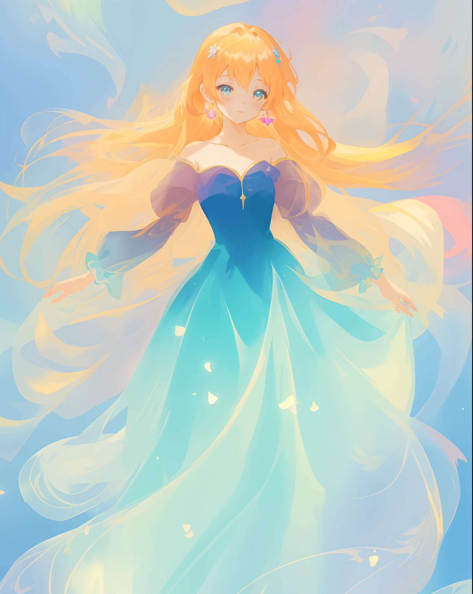 beautiful anime girl in gradient blue princess ballgown with puffy long sleeves, long flowing gold peach hair, liquid theme, vibrant pastel colors, colorful fantasia background, watercolor illustration, disney art style, beautiful digital illustration, beautiful, masterpiece, best quality, anime disney style, beautiful face