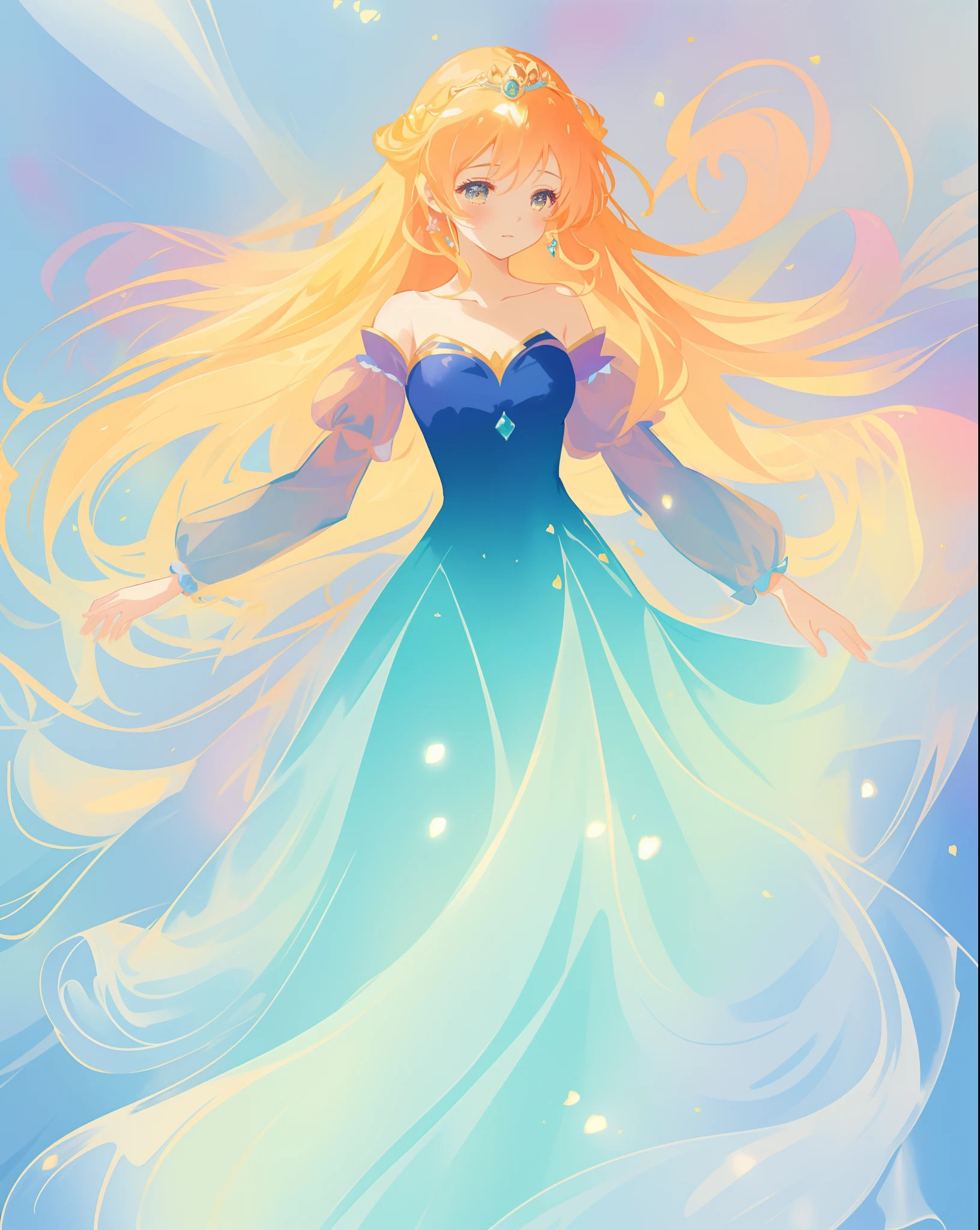 beautiful girl in gradient blue princess ballgown with puffy long sleeves, long flowing gold peach hair, liquid theme, vibrant pastel colors, colorful fantasia background, watercolor illustration, disney art style, beautiful digital illustration, beautiful, masterpiece, best quality, anime disney style, beautiful face