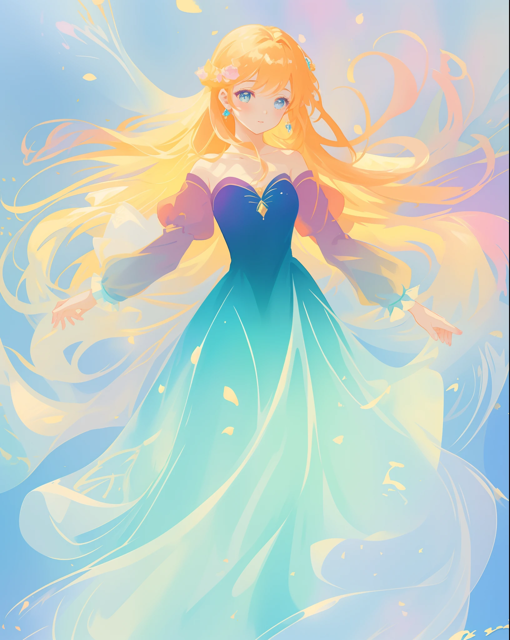 beautiful girl in gradient blue princess ballgown with puffy long sleeves, long flowing gold peach hair, liquid theme, vibrant pastel colors, colorful fantasia background, watercolor illustration, disney art style, beautiful digital illustration, beautiful, masterpiece, best quality, anime disney style, beautiful face