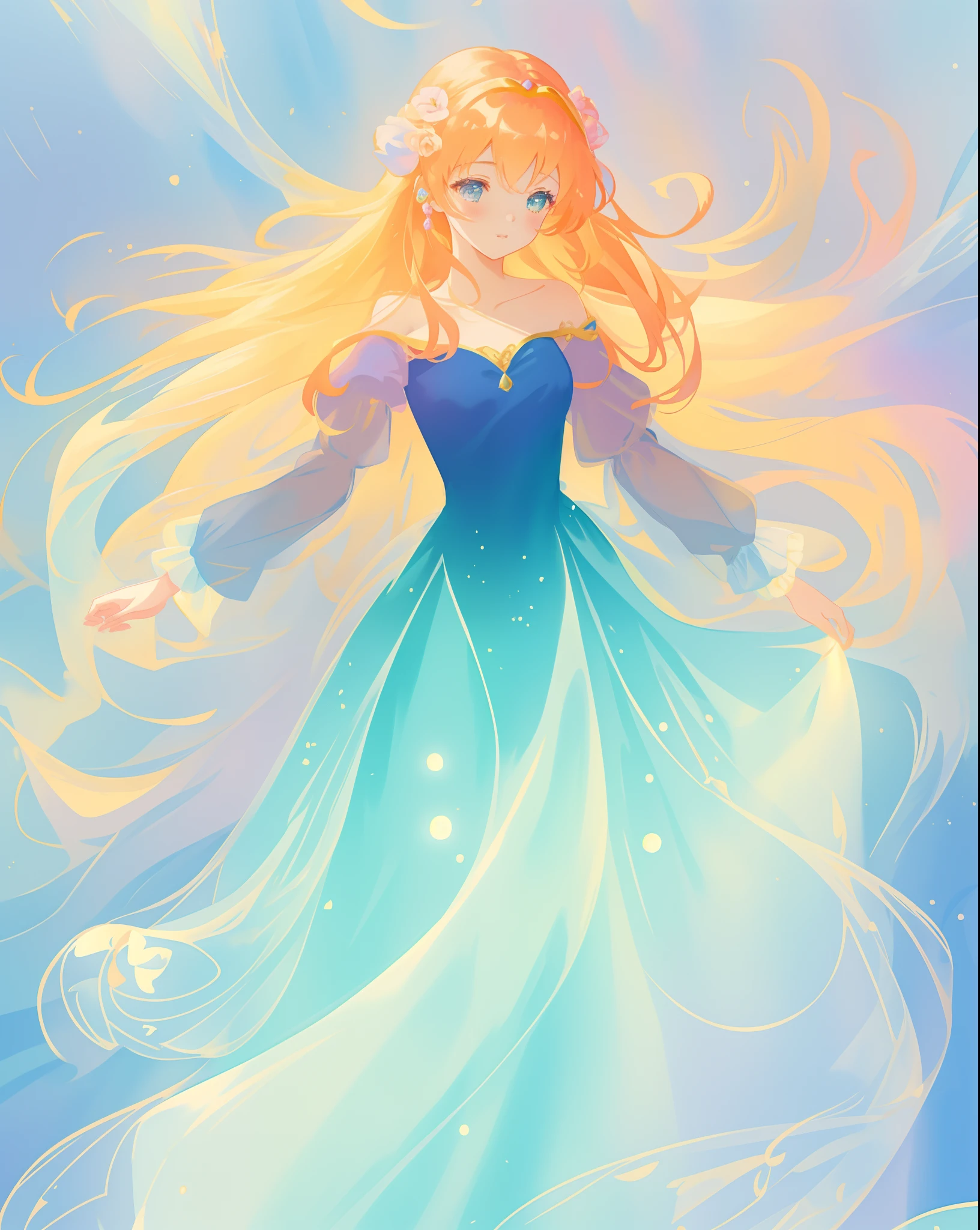 beautiful girl in gradient blue princess ballgown with puffy long sleeves, long flowing gold peach hair, liquid theme, vibrant pastel colors, colorful fantasia background, watercolor illustration, disney art style, beautiful digital illustration, beautiful, masterpiece, best quality, anime disney style, beautiful face