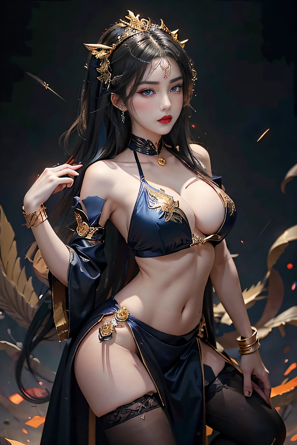 ​masterpiece、top-quality、Golden hair、Blue lightning、life-like、realistic detail、high détails。sexy  pose。red clothing。Blue Thunder。Blue crystal。Black suspended particles。Black smoke。fe。Black crystals around。Black smoke wafting around。Warping the body。Warping the body。banya。The Darkness。Ochi Yami Yugi。Troubled look。length hair。1girl in, Beautie, , Fine skin, anicos_No 1,, a navel, Detached sleeves, bare shoulders​, Central opening, cleavage of the breast,, middlebreasts, Long feather hair clip, Blue hair ornament, thigh highs,Look at viewers,in isekai, Ochi Yami Yugi。seductiv。Brainkill。tattooed。Gold pattern at chest.。Bright tattoos。Bright tattoos。demonic wings。Black and gold tiara。tiarra。Intricate and luxurious tiaras。smil。Luminous blade。