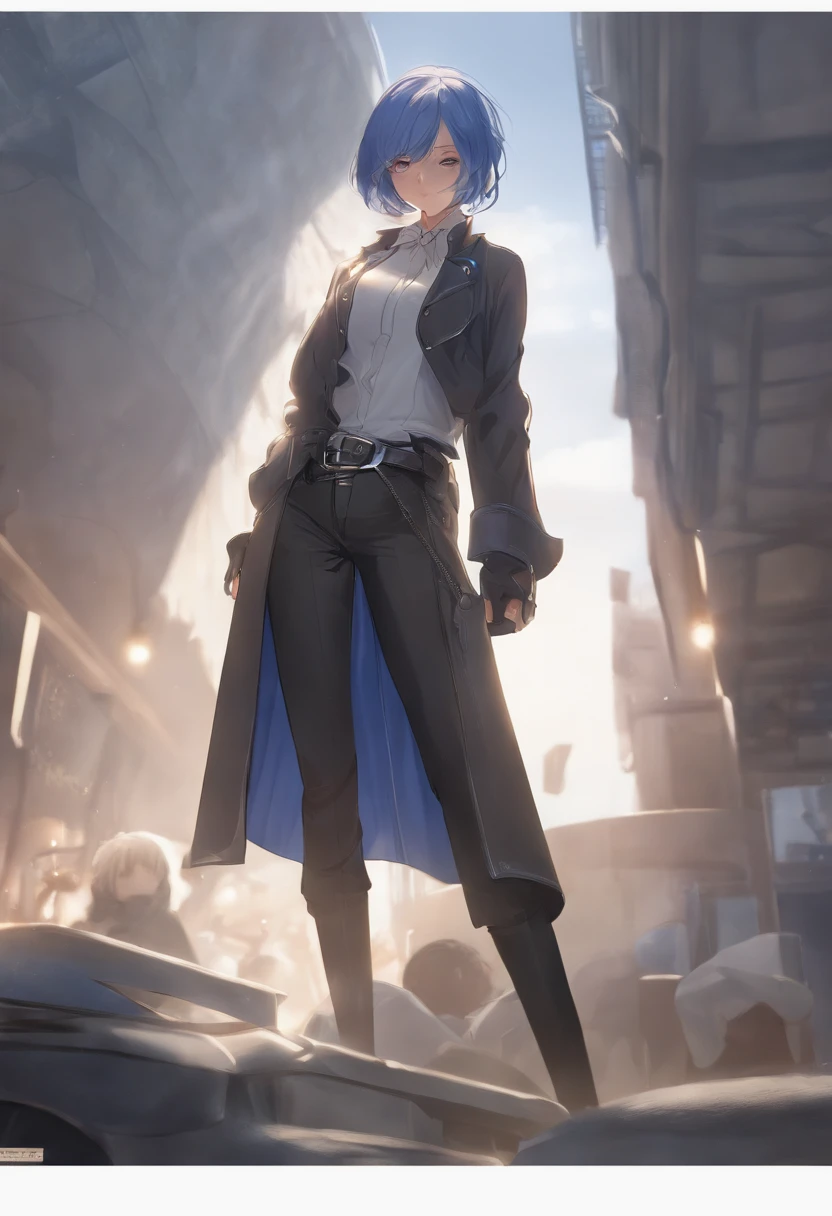 masterpiece, best quality, pov, HDR, first-person, ultra-detailed, cinematic lighting, illustration, anime, flat color, ligne claire, caustics, Eye Highlights,
production art, 1girl, solo, looking at viewer, from front,
shiny hair, cobalt blue hair, messy hair, bed head, blue eyes, short hair, ahoge, 18 yo, cool, unexpressive,
cowboy shot, standing, full body,
simple background, white background, wallpaper