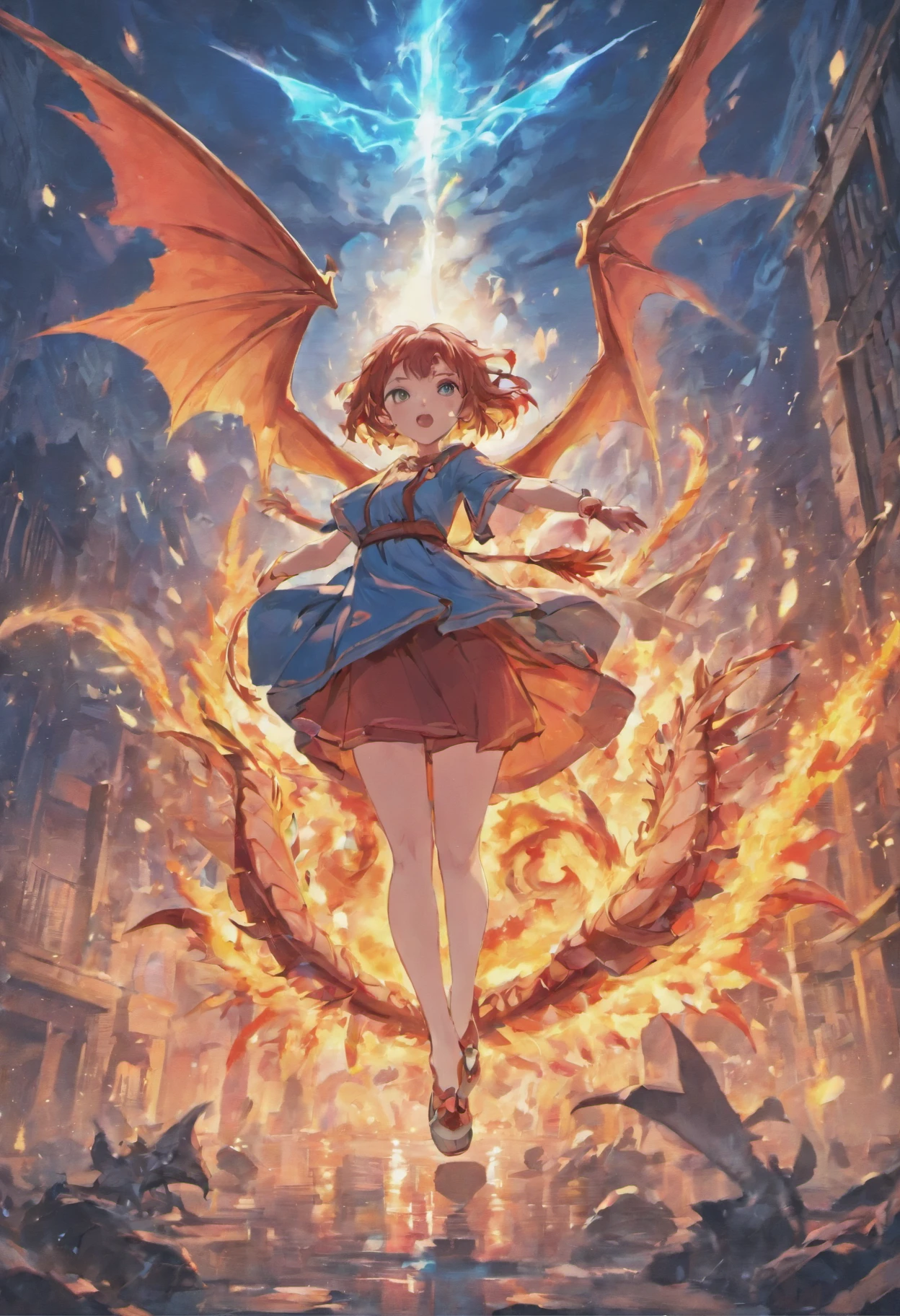 Dragon flying over burning town、large plumage、highcontrast、Girl is looking at the sky、red fullmoon、splash water、Flowing flame、detailed girl、neon color、White burst light